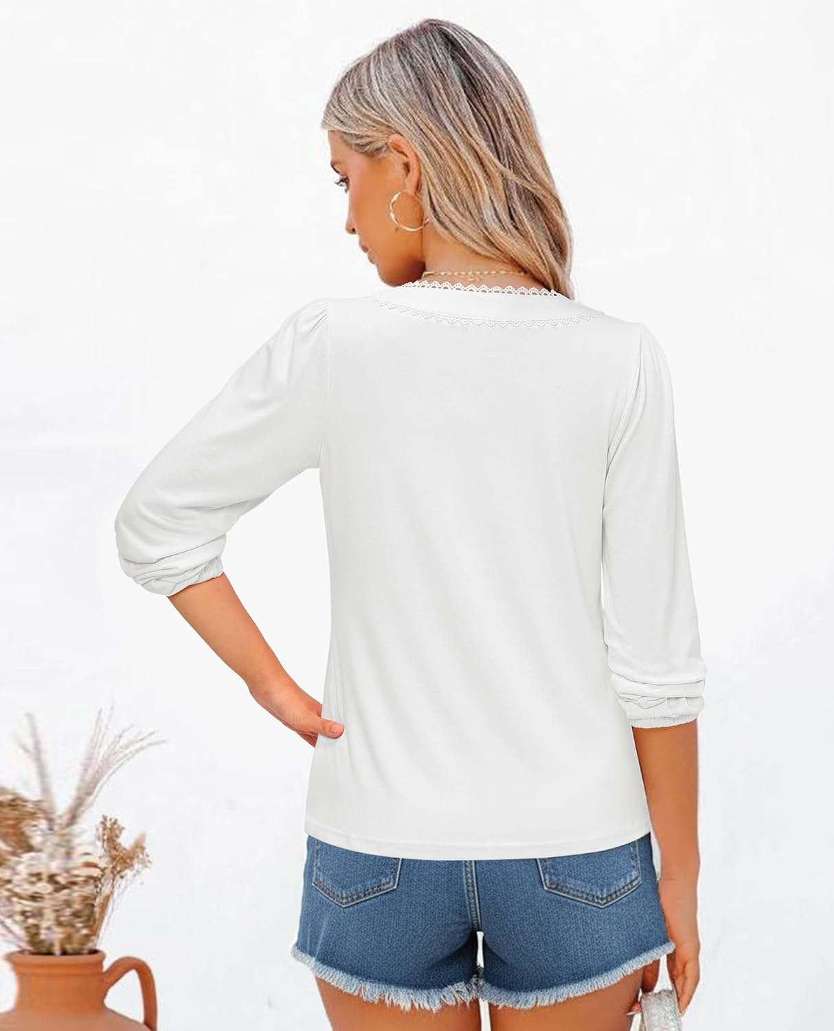 siliteelon Long Sleeve Blouses for Women Dressy Casual Tops for Women Trendy V Neck Lantern Long Sleeve Lace Trim 2026 Spring - Image 4