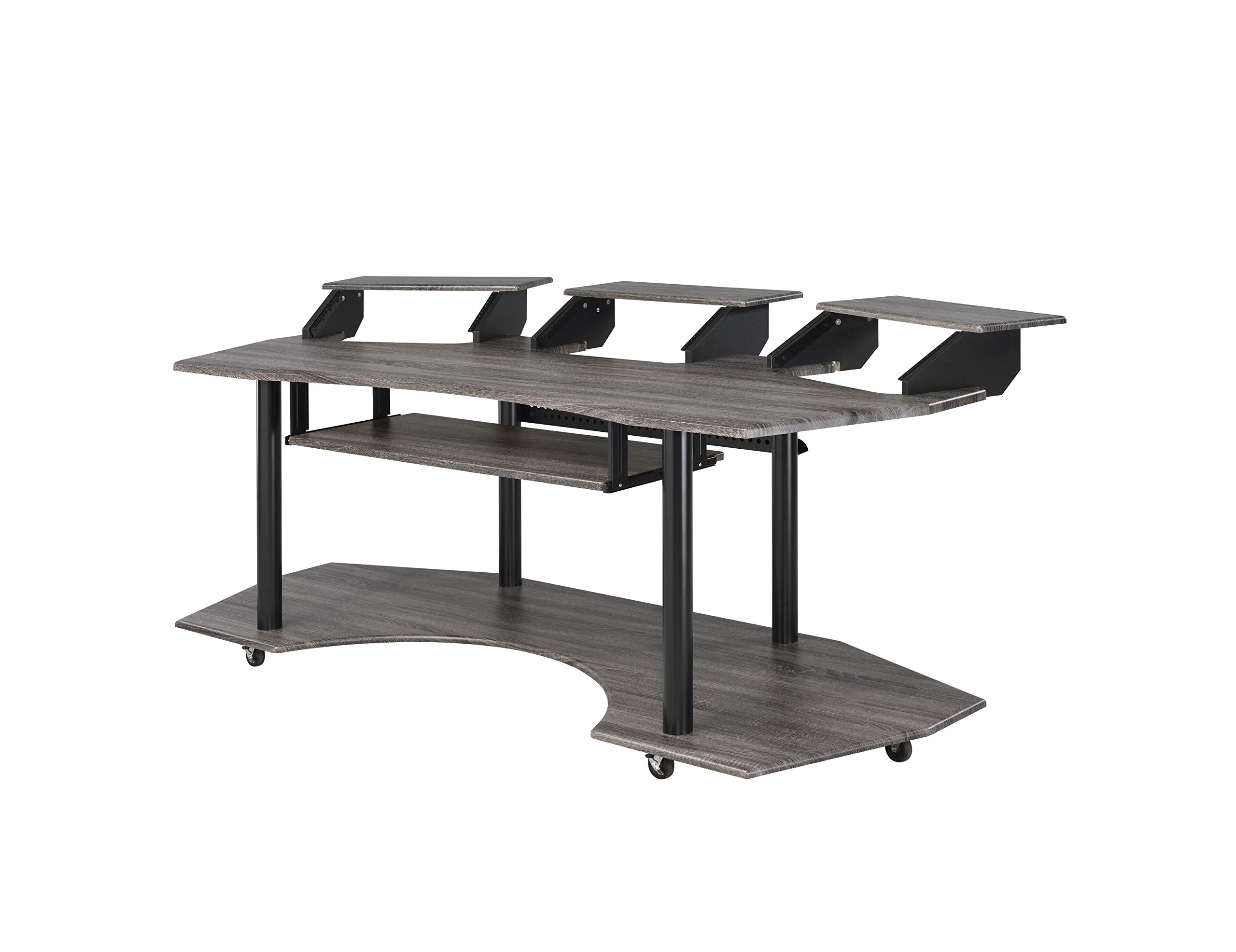 WZONICE98 Dark Oak Synthetic Wood Music Production Desk with Keyboard Storage Casters for Professional Recording Studio Setup