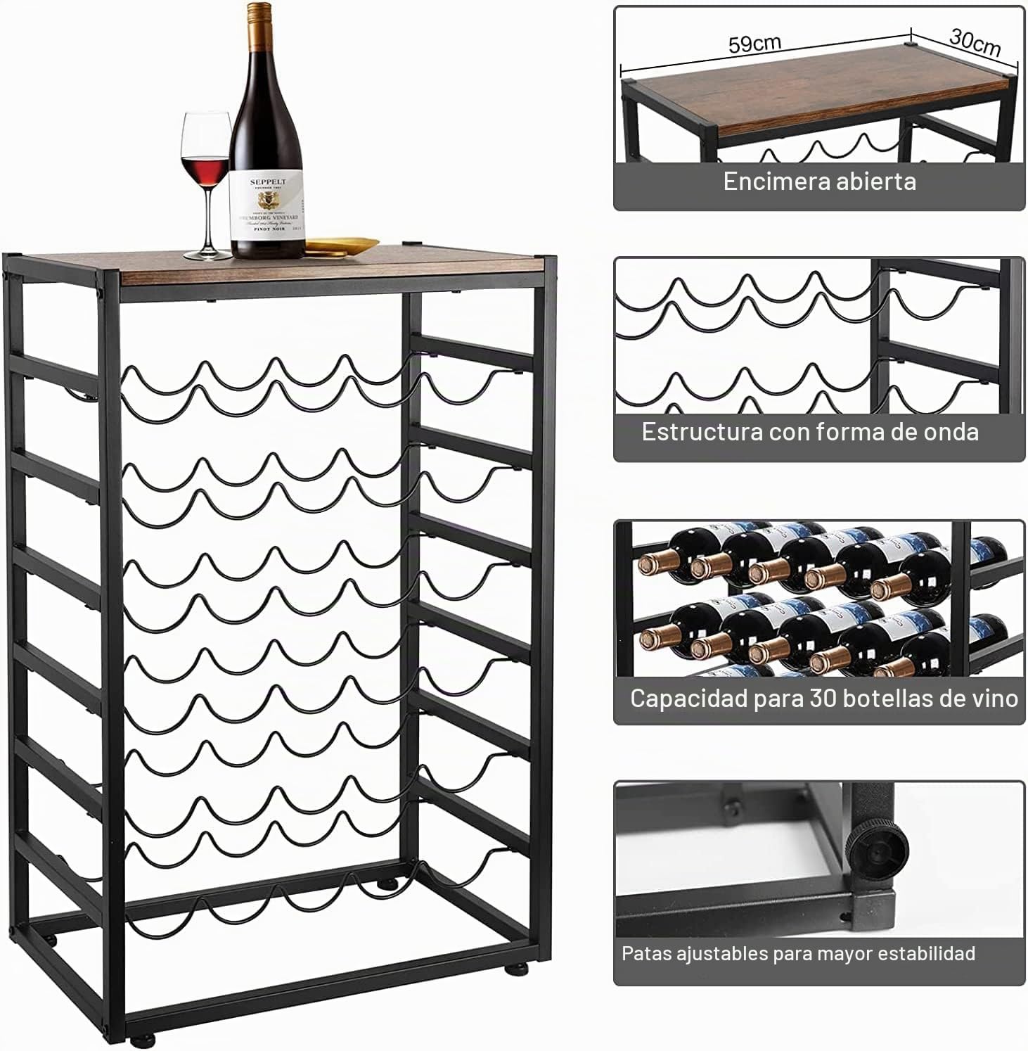 Dripex Botellero para 30 Botellas, Estante para Botellas de 6 Niveles, Soporte de Vino Vintage de Metal para sótano, Bar y Almacenamiento, Soporte para Botellas con Mesa de 59 x 30 x 88 cm