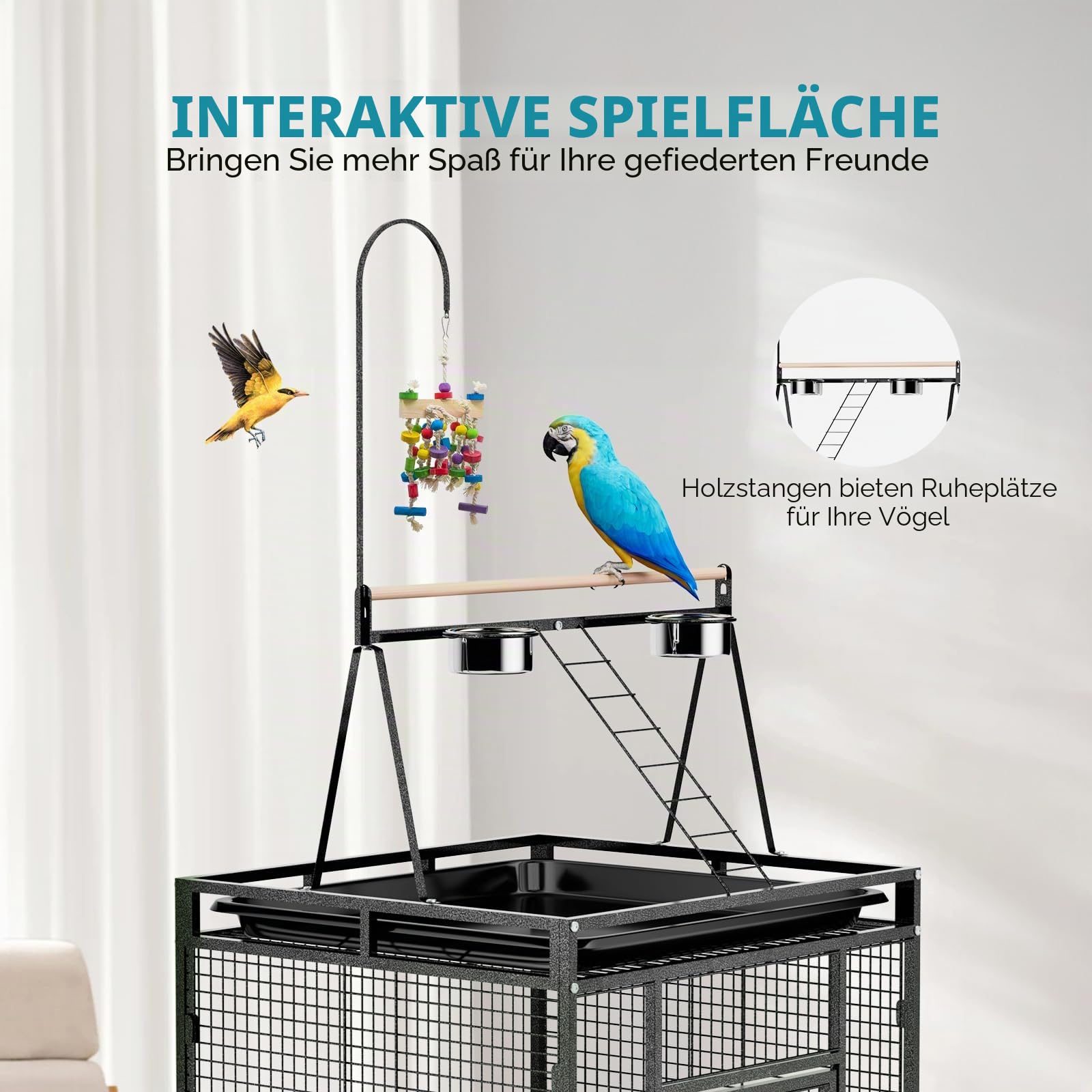 Vogelkäfig mit Spielplatz Oben, vogelkäfig groß mit 3 Holzstangen und 360° Rollen, Vogelvoliere mit 5 Futterstellen, 83 x 78 x 210 cm