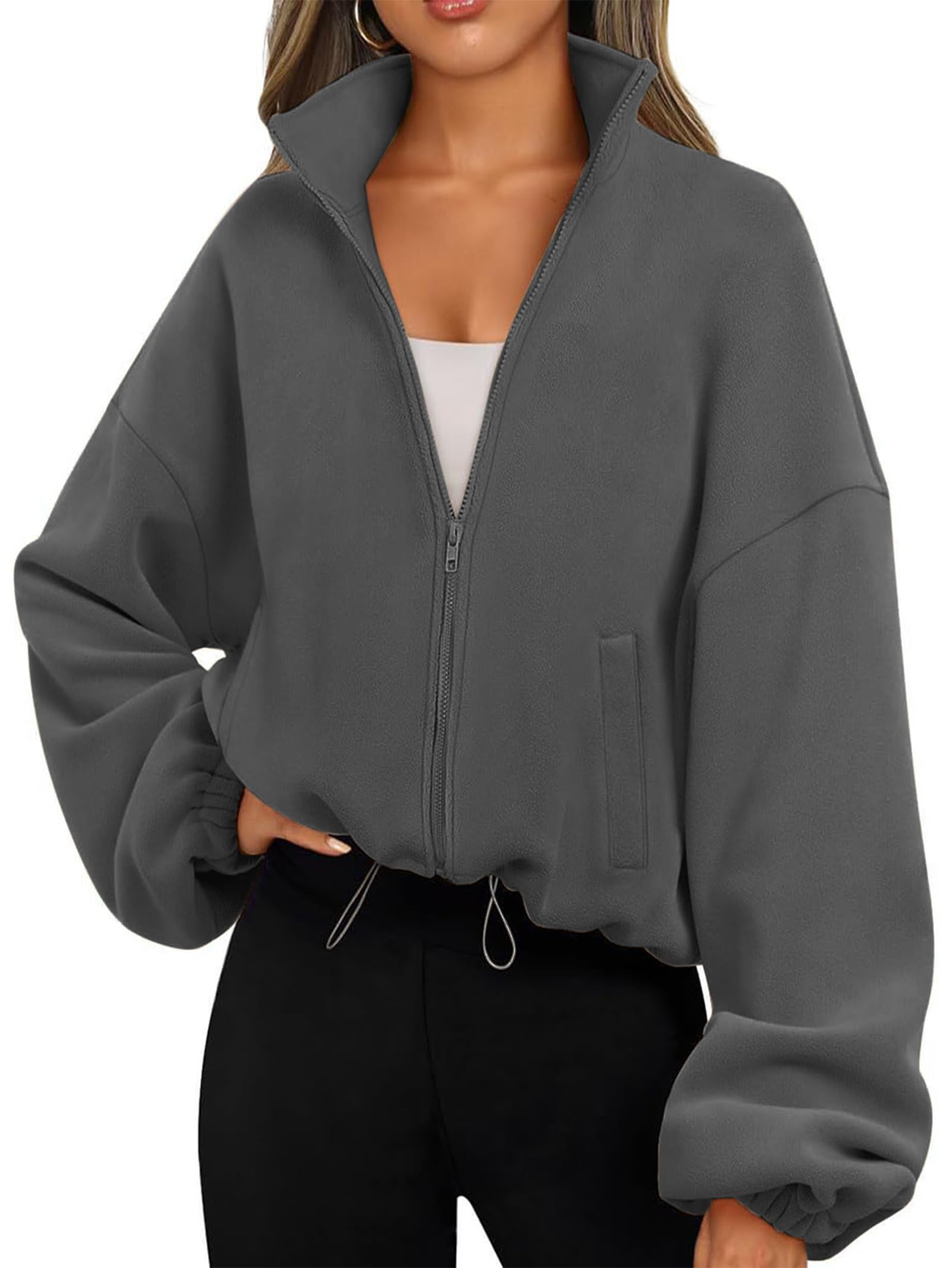 Famulily Damen Drawstring Saum Langarm Crop Sweatshirt Tops Full Zip Fleece Kurze Jacke mit Taschen S bis XL