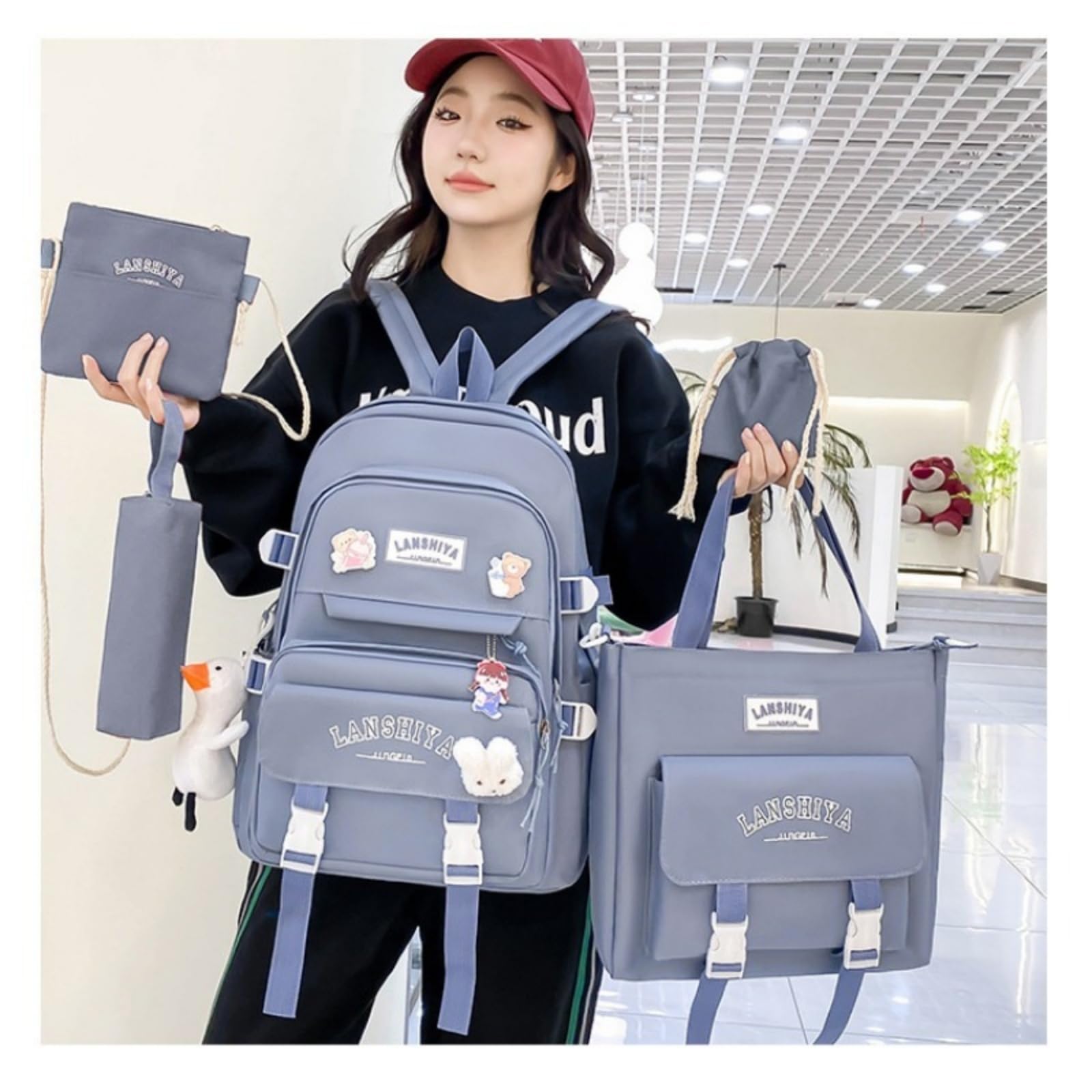 Mochila escolar Set Di Zaino Per Studenti A 5 Pezzi Con Ciondoli Gratuiti, Kit Pratico Borse Scolastiche Ragazze Della Scuola Superiore Uso Giornaliero Del Campus-c-china Mainland
