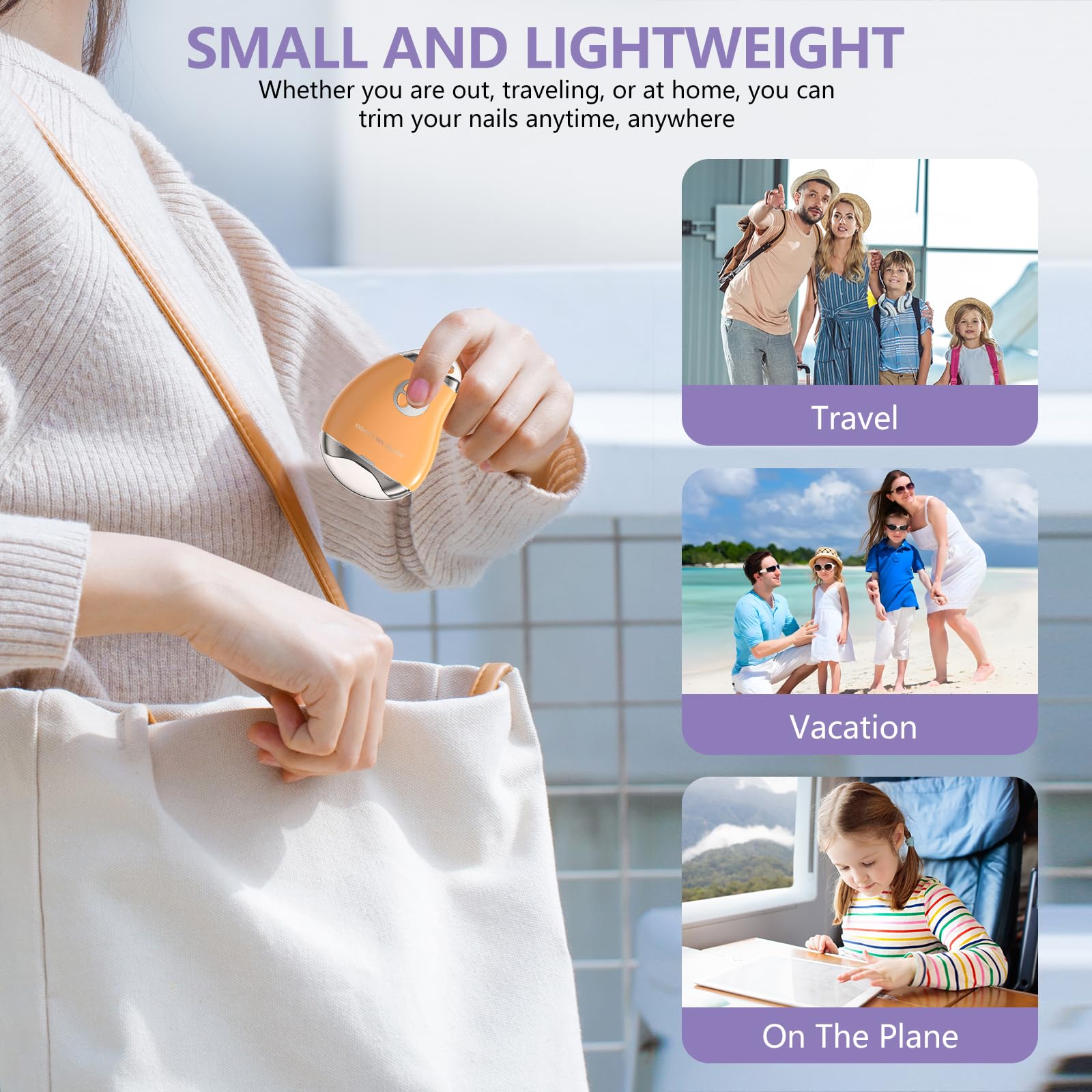 Type-C Rechargeable Electric Nail Clipper with LED Light, 3 Speeds - Safe, Automatic Trimming for Babies, Seniors, and Adults. Included Storage for Scraps (Purple)