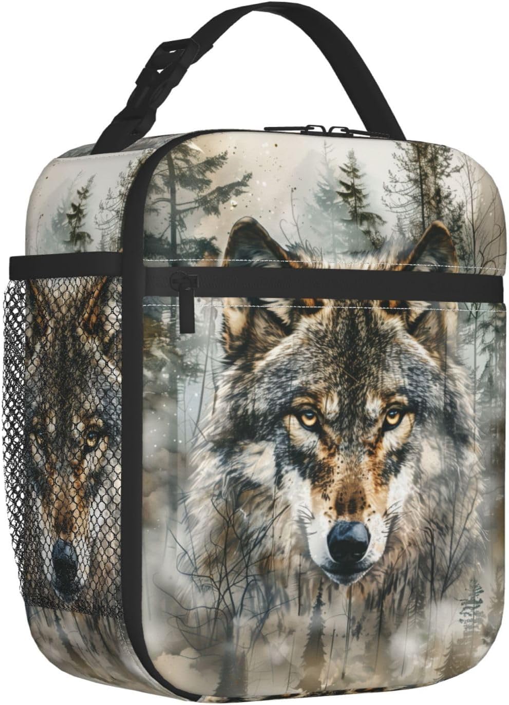 Reusable Cool Wolf Lunch Box for Kids Girls Boys Women Adult, Insulated Realistic Forest Lunch Bag,Polyester Cooler Animal Handbags Case for School Picnic Work Travel Beach or Hiking