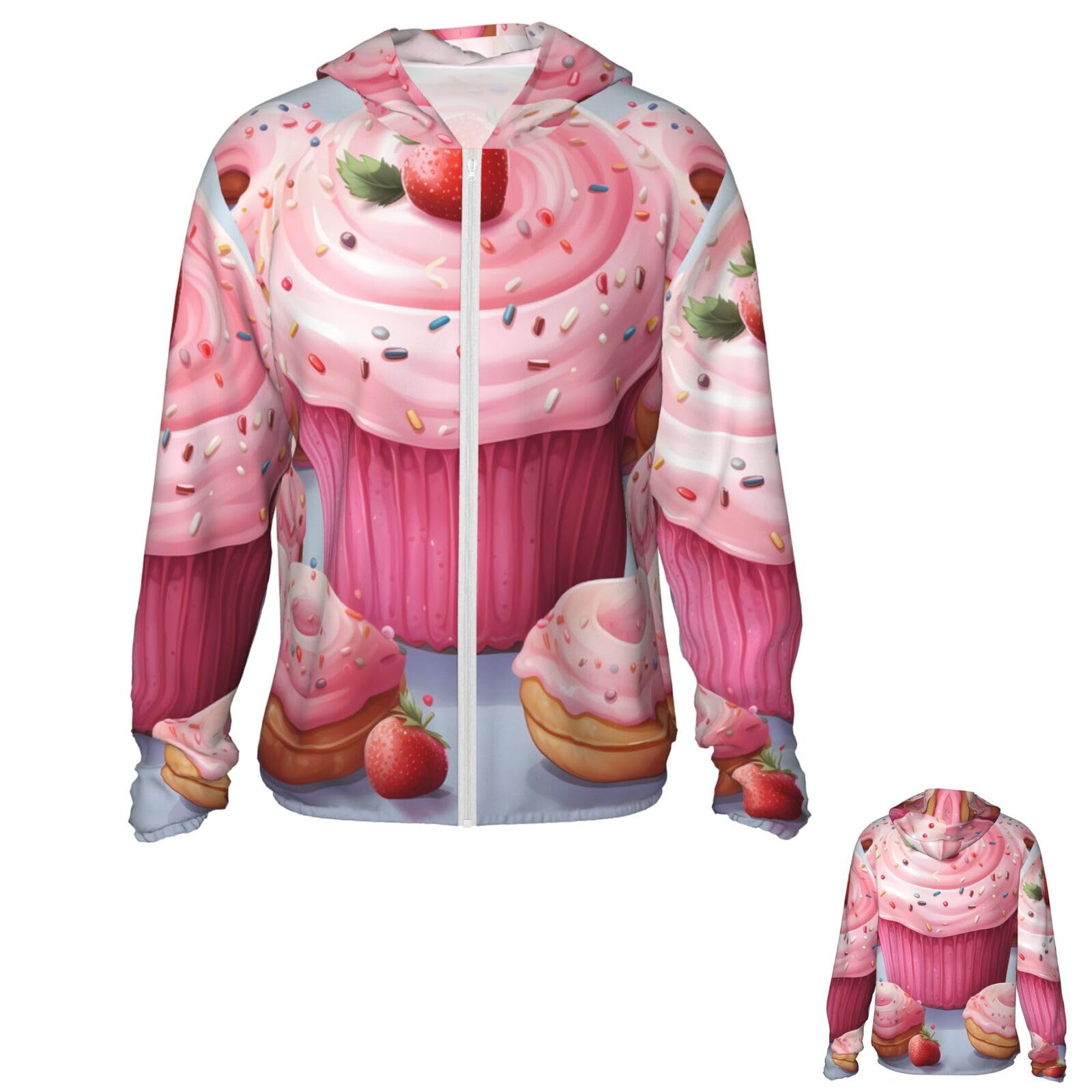 NONHAI Men's Sun Protection Jacket UPF 50+ Full Zipper Long Sleeve UV Hoodie Shirt Donut and Cupcake Women's Outdoor Jacket Black