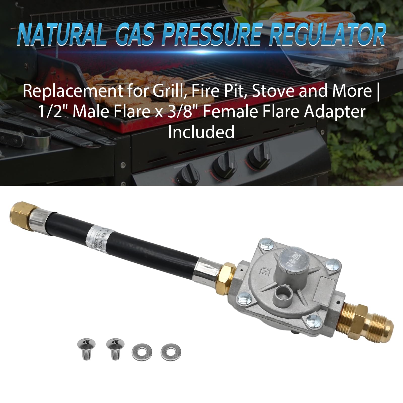 Regulador de presión de gas natural, presión de entrada de 1/2 PSIG y presión de salida de 10.2 cm, para parrilla, hoguera, estufa y más | Bengala macho de 1/2 pulgada x adaptador hembra de 3