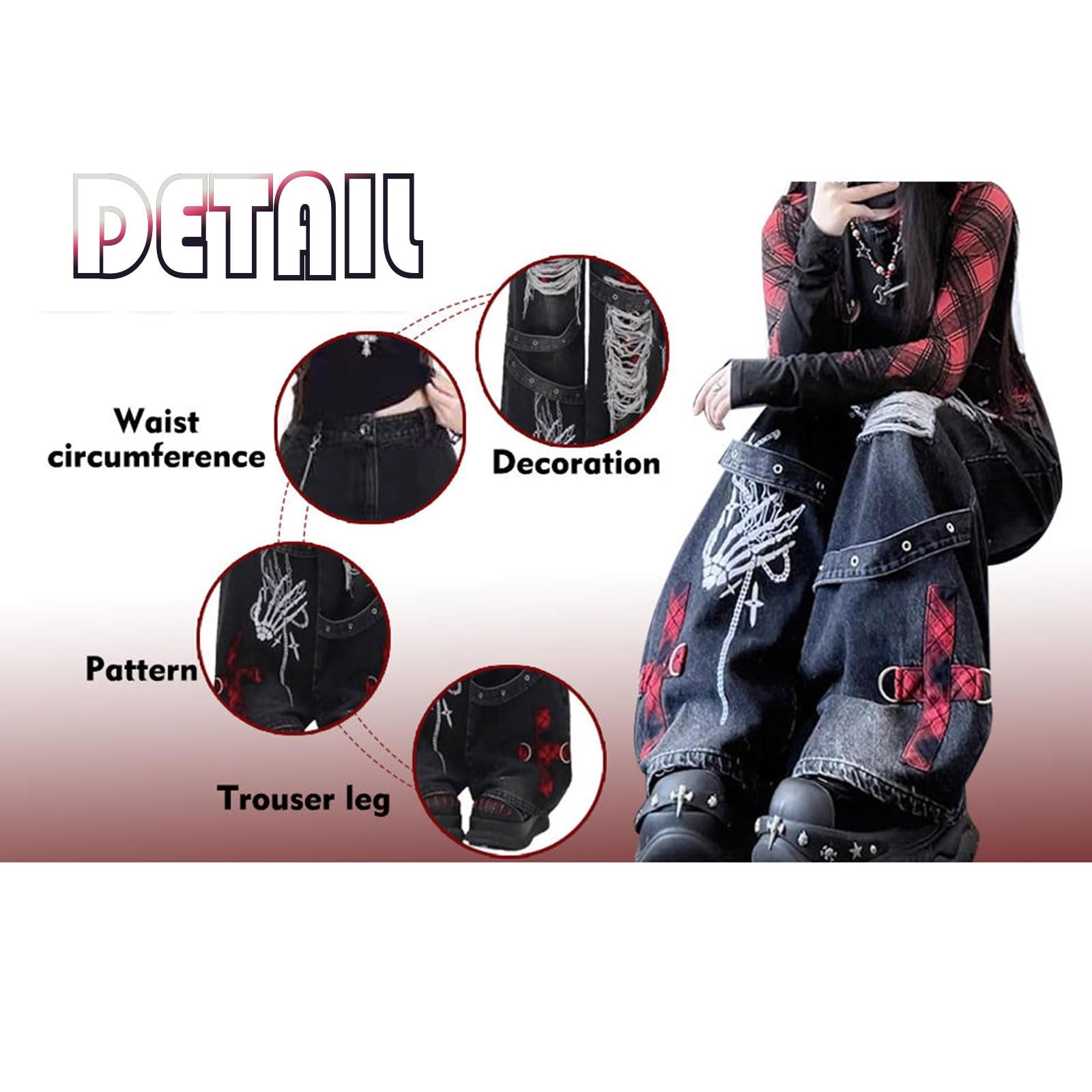 Y2K Grunge Goth Vintage Casual Hohe Taille Gerade Weites Bein Zerrissen Reißverschluss Roter Stern Kreuz Besatz Jeans Cargo Hose
