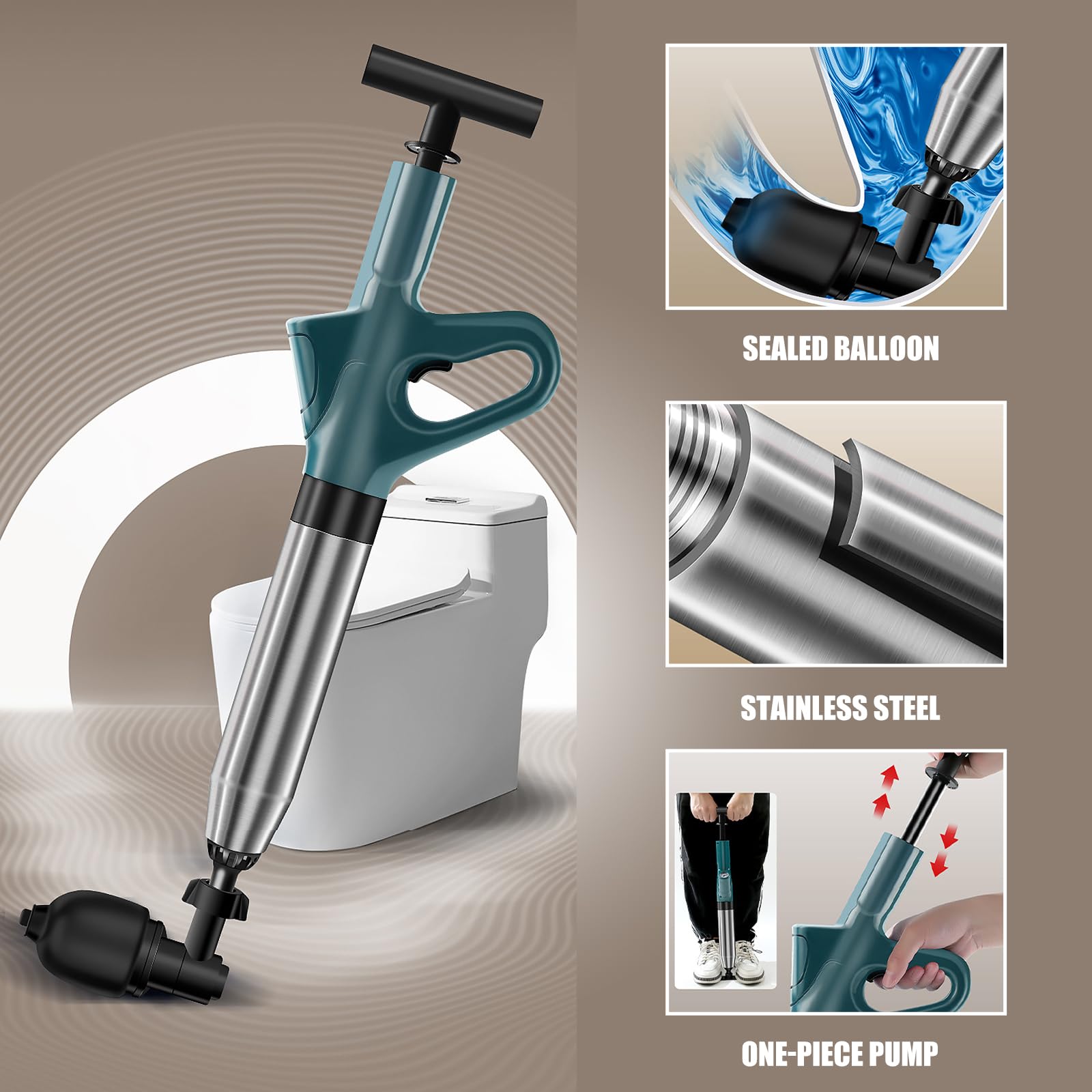 Wenbones Stura WC ad Aria Compressa, Pompa Carichi a Pressione Stantuffo, Stantuffo Pulitore per Tubi ad Aria Compressa ad Alta Pressione con Barometro per WC, lavandino, Vasca da Bagno (2B)