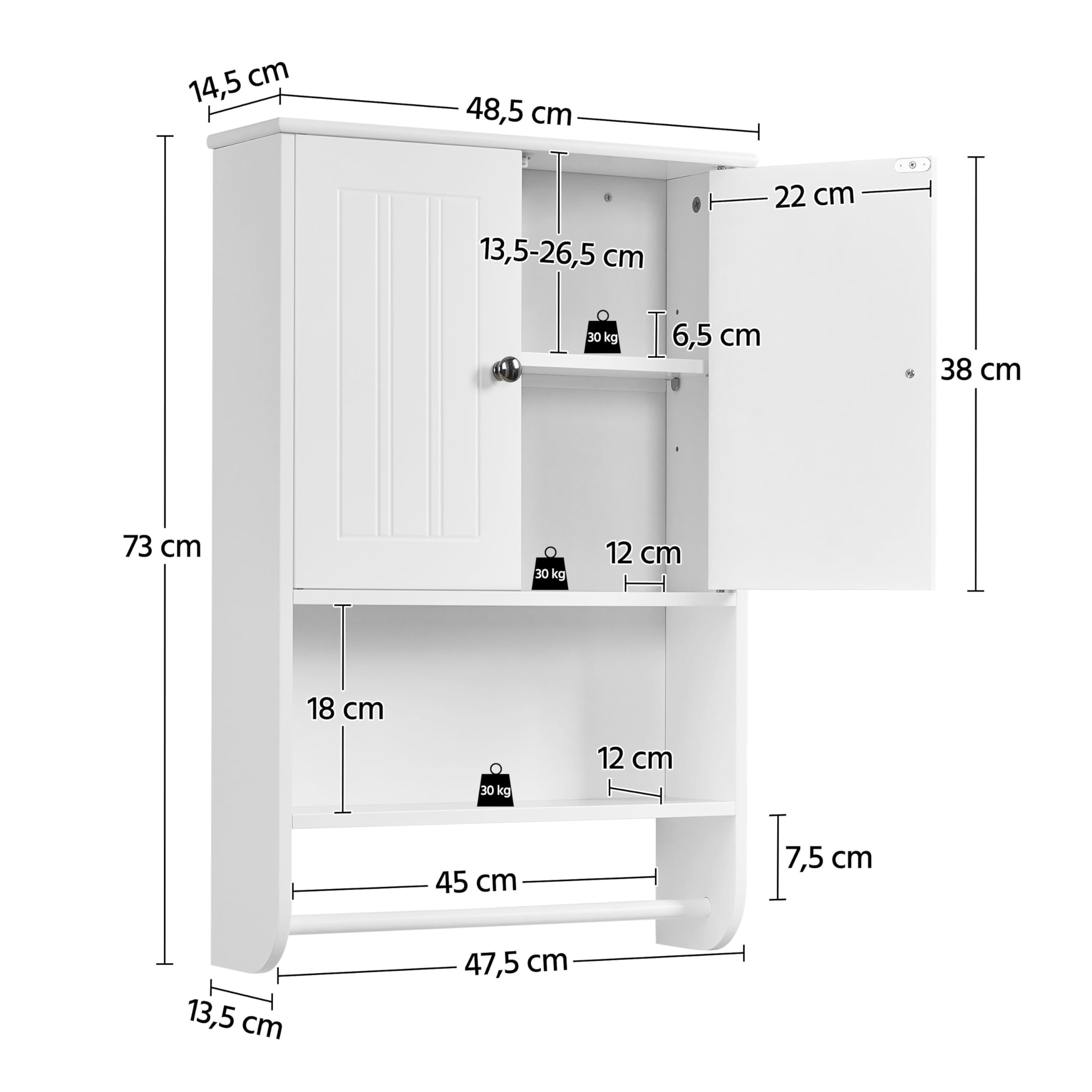 Yaheetech Armadietto/Mobiletto Bagno Sospeso Bianco Cucina Salvaspazio Pensile da Parete con 2 Ante Ripiano Regolabile Asta Porta Asciugamani 73 x 48,5 x 14 cm