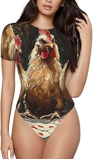 Women's Bodysuit Short Sleeves Crew Neck Body Suits Causal Top T Shirt, Chicken Playing Poker Funny Vintage