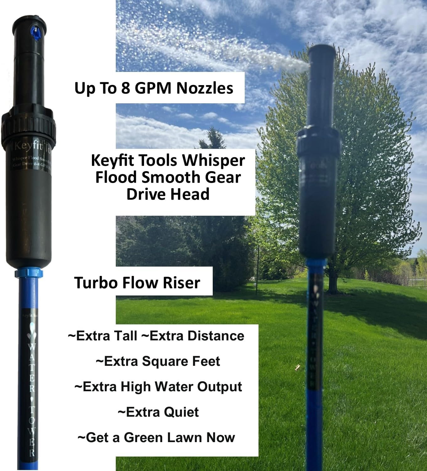 Keyfit Tools Aqua Grande Water Towers (2PK) Sprinklers 19,000+ Sqf Large Area Lawn Yard & Garden 6+ Foot Tall ~Highest Output Largest Area Covered Over 220' Diameter Spray 8GPM Precision Heads image 2