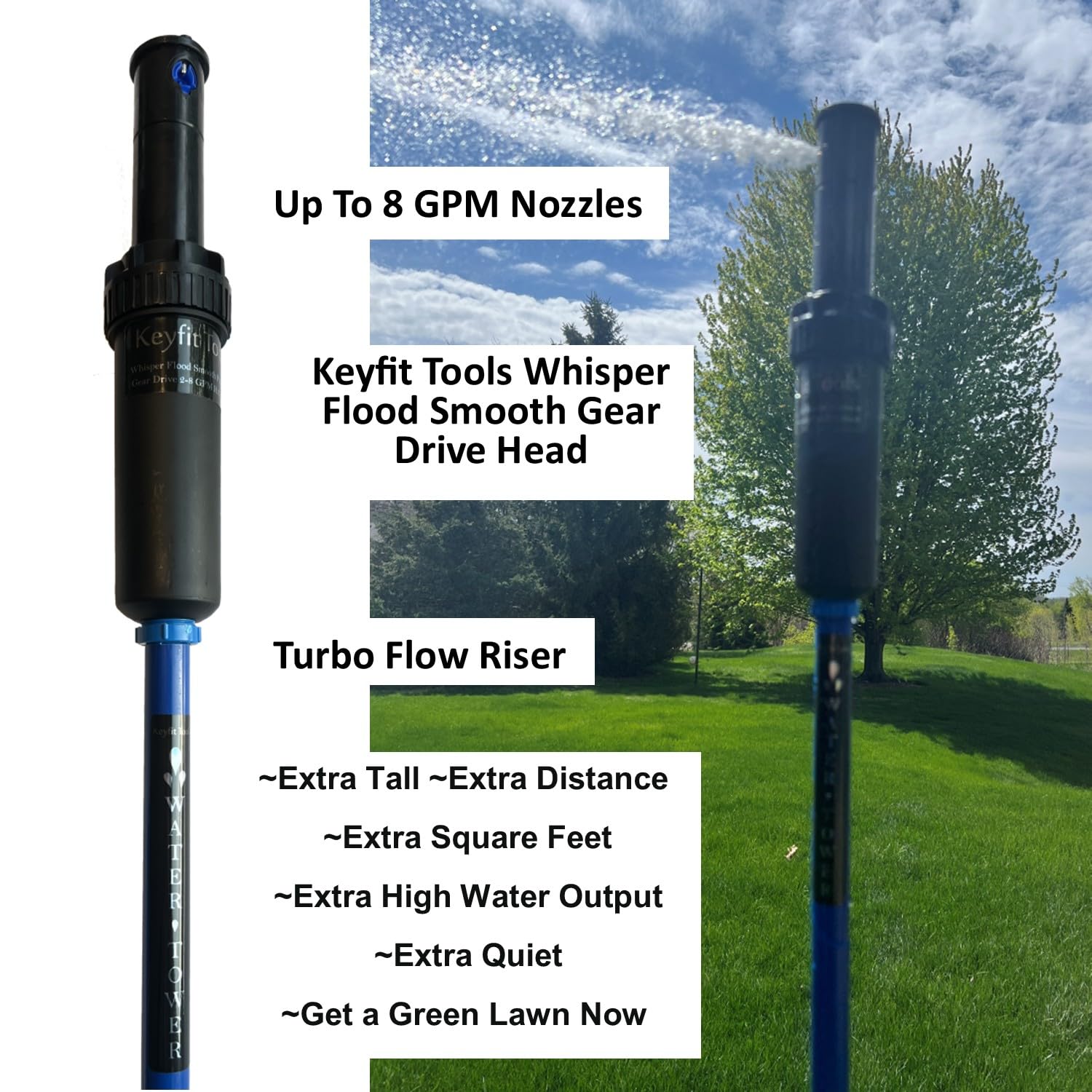Keyfit Tools Aqua Grande Wassertürme (2 Stück), Sprinkler, 19.000 + m², große Fläche, Rasen, Hof und Garten, 1,8 m hoch, höchste Leistung, größte Fläche abgedeckt über 550 m Durchmesser, Sprühkopf, 8