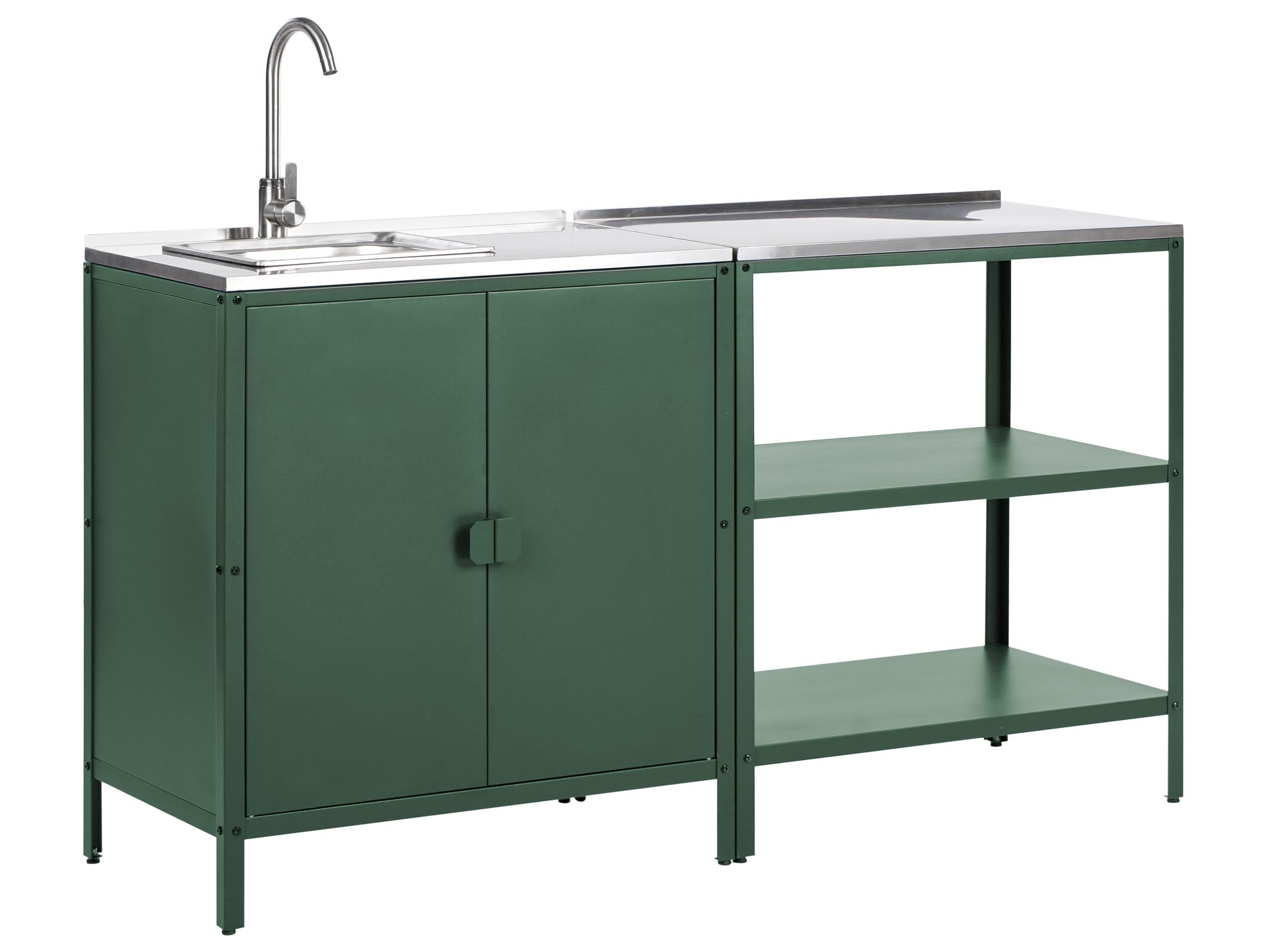 Beliani Conjunto de Cocina 2 Piezas de Exterior Acero Inoxidable Isla de Cocina y Armario con Fregadero Monomando Verde Vilama