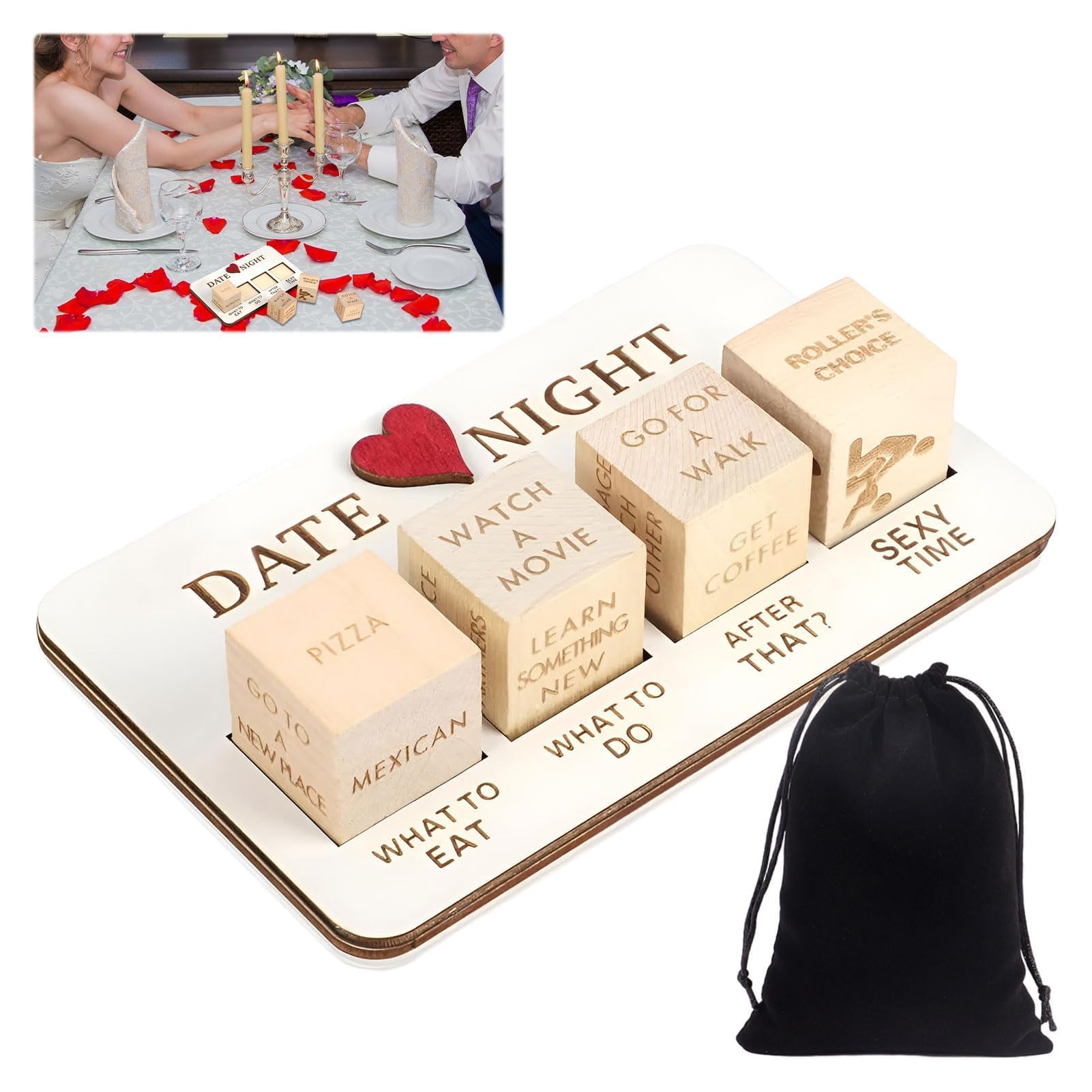 Wooden Date Night Dice for Couples,Date Night Dice Kit Couples Games with Pouch Storage,Date Night Dice Game Action Decision Dice Games Date Night Ideas for Couples,Valentine's Day,Birthday