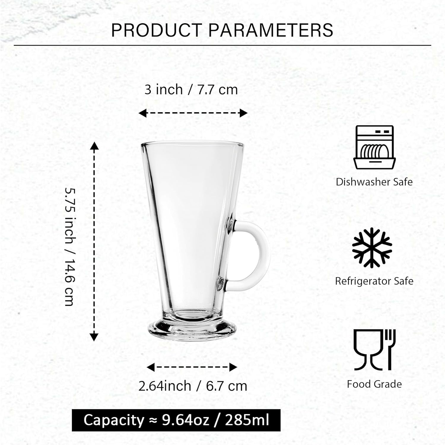 Irish Coffee Mugs Set of 6 - Tall Latte Cups 9 Ounces - Glass Coffee Cups with Handle for Cappuccino, Hot Chocolate, Smoothie, Cold Beverages - Image 2