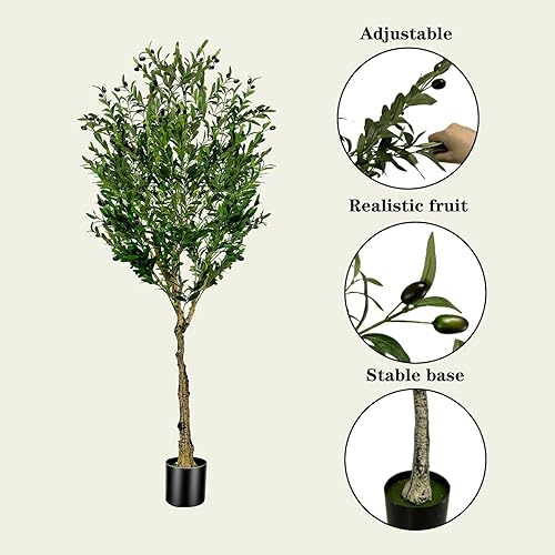 Miniatura 2 de Árbol de olivo artificial de 6 pies, olivo sintético para interiores con hojas de seda realistas, tronco, frutos, olivo falso en maceta para