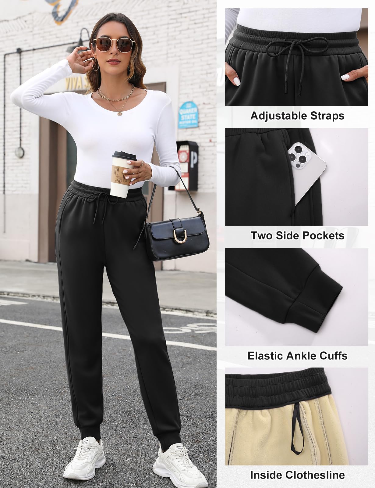 PASUDA Pantaloni Tuta Donna in Pile Invernali Sherpa Foderati Pantaloni da Jogging Donna Caldi Elastico Vita Alta Pantaloni Casual Pantaloni Sportivi da Jogger con Coulisse e Tasche