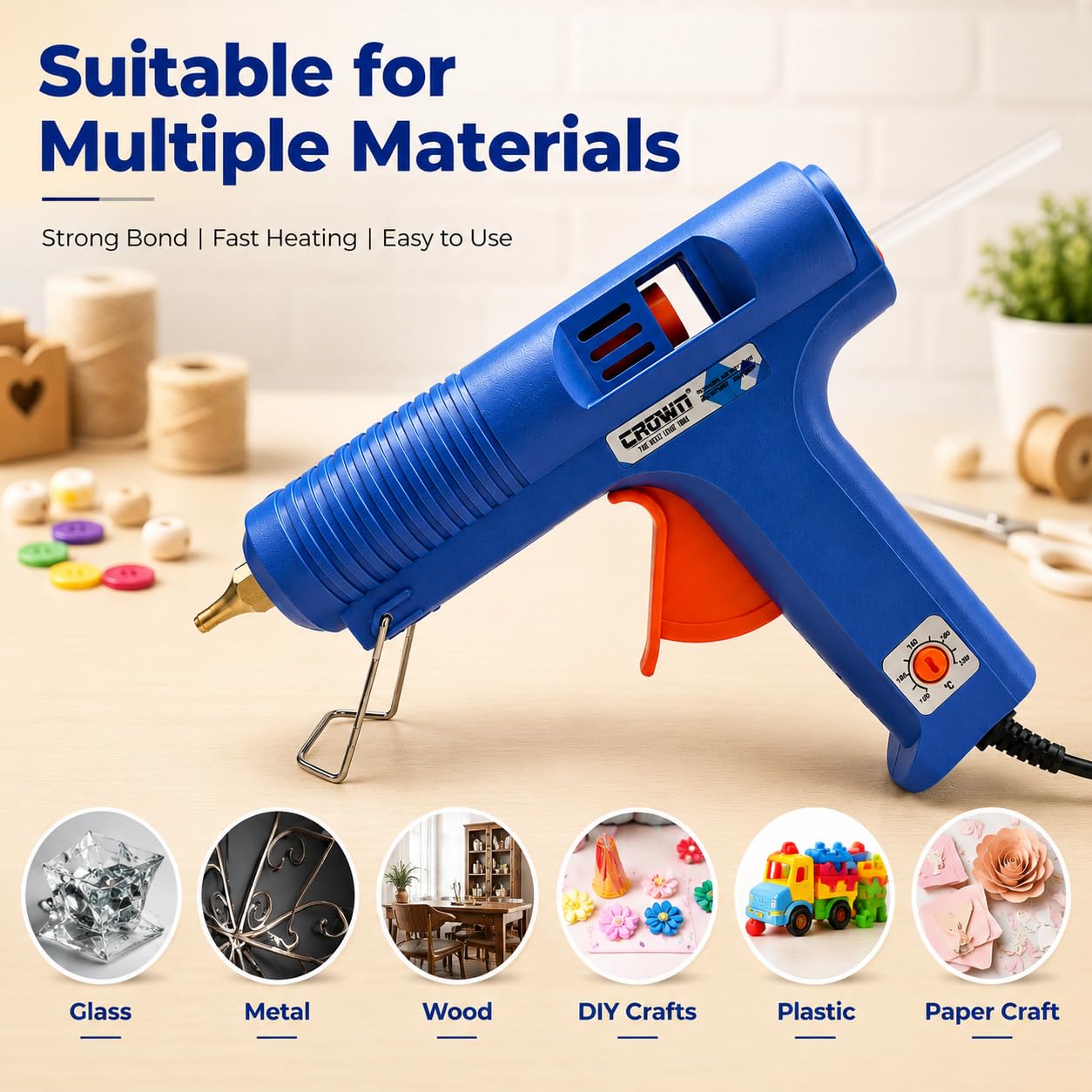 Crown 150W Heavy Duty Glue Gun with Temperature Control Regulator & Thin Nozzle for Precise Glue Output (DIY & Professional Use) + 5 Glue Sticks - CR-150 3