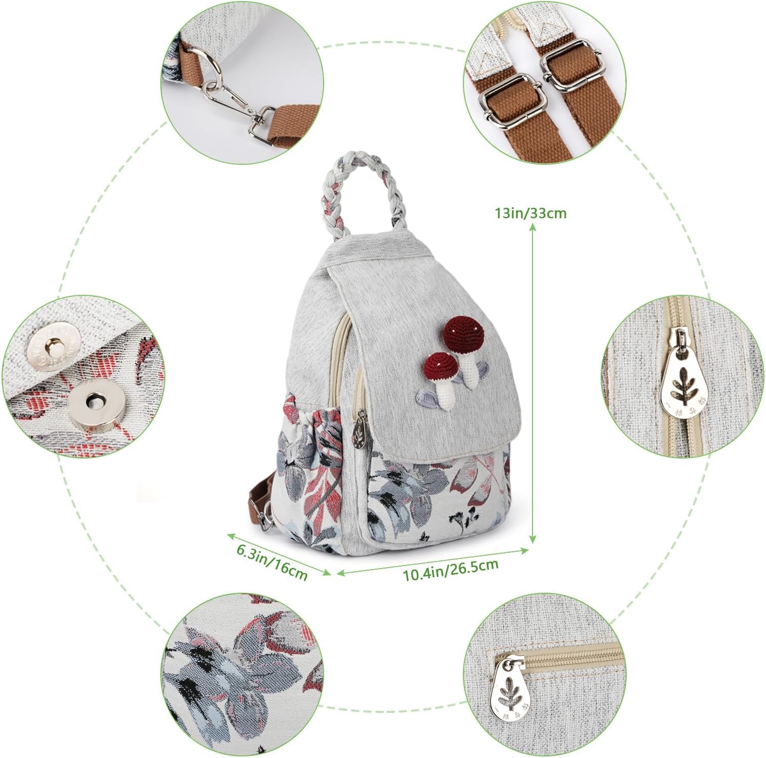Ladys Convertible Sling Bag, Hand Craft Artisan Purse, Beautiful Mushroom Canvas Premium Casual Day Mini Backpack for women - Image 6
