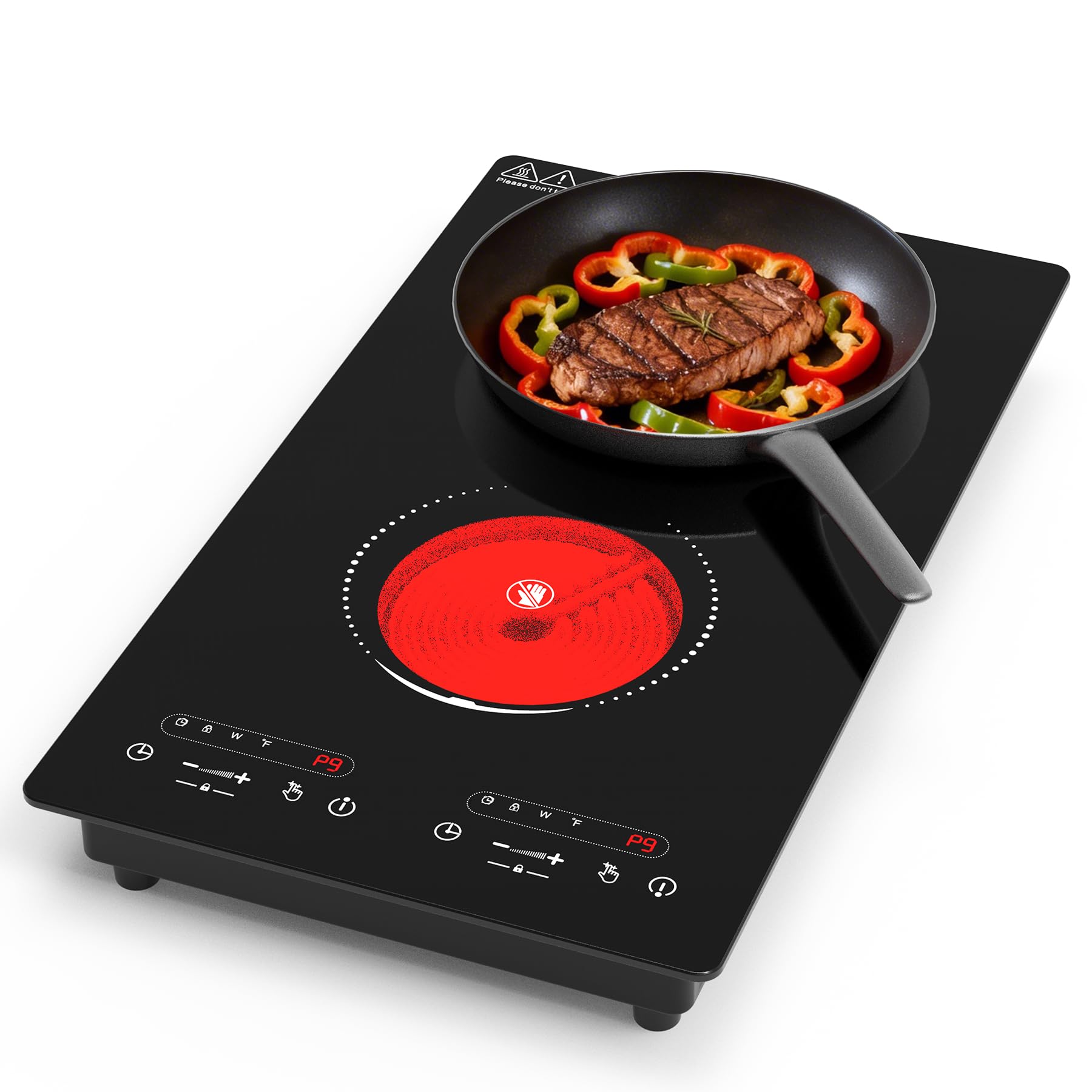 VBGK Placa Vitrocerámica 2 Fuegos con Enchufe, 3000W Placa Electrica Cocina Empotrable, 9 Niveles de Potencia, Temporizador, Bloqueo Niños, Compatible con Todos los Utensilios, 220-240V