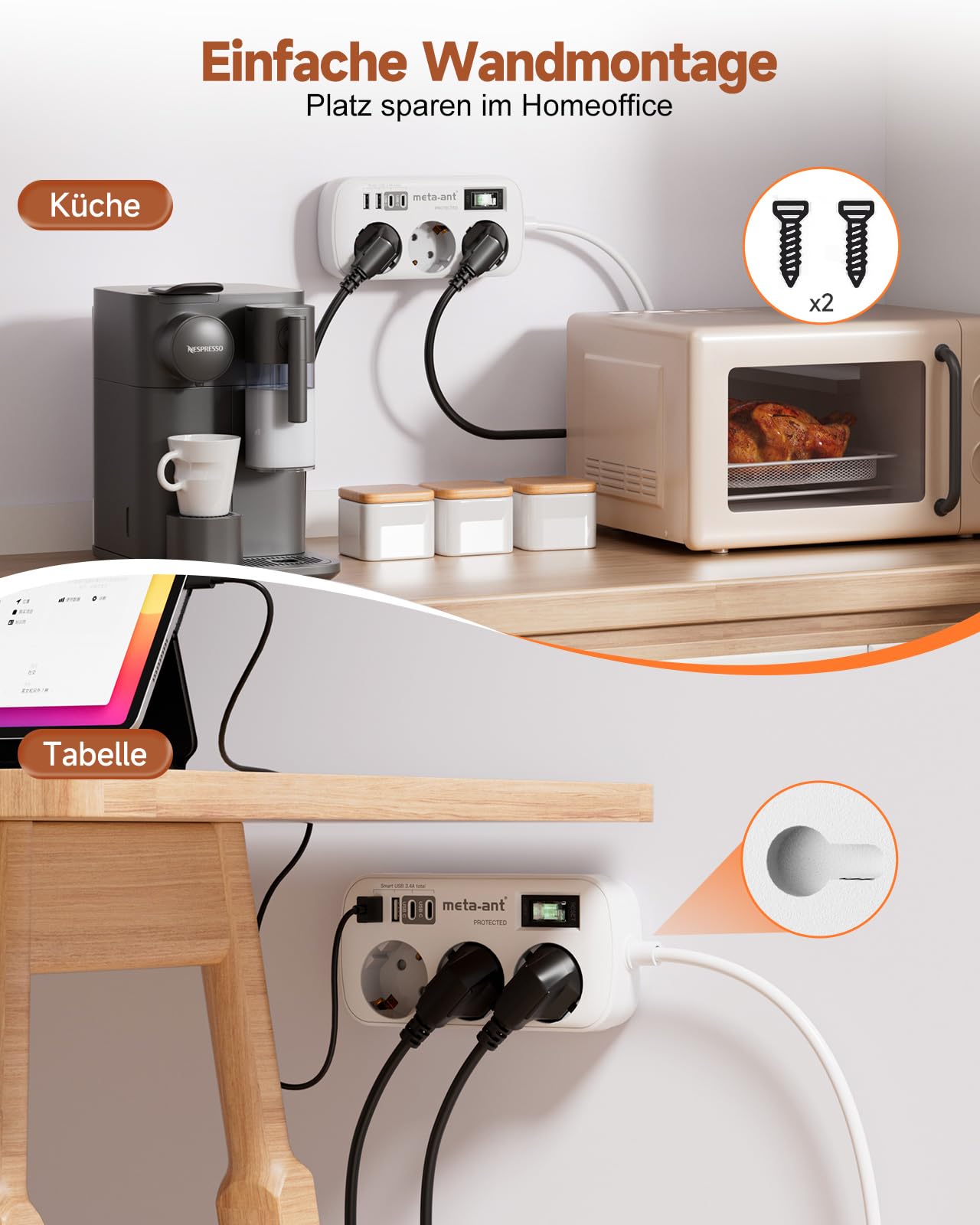 Ciabatta elettrica con USB PD20W, 3 prese, con protezione da sovratensione, 4000 W, presa con 4 USB (2 USB-C), 3 metri, presa elettrica a parete, per casa, ufficio, bianco