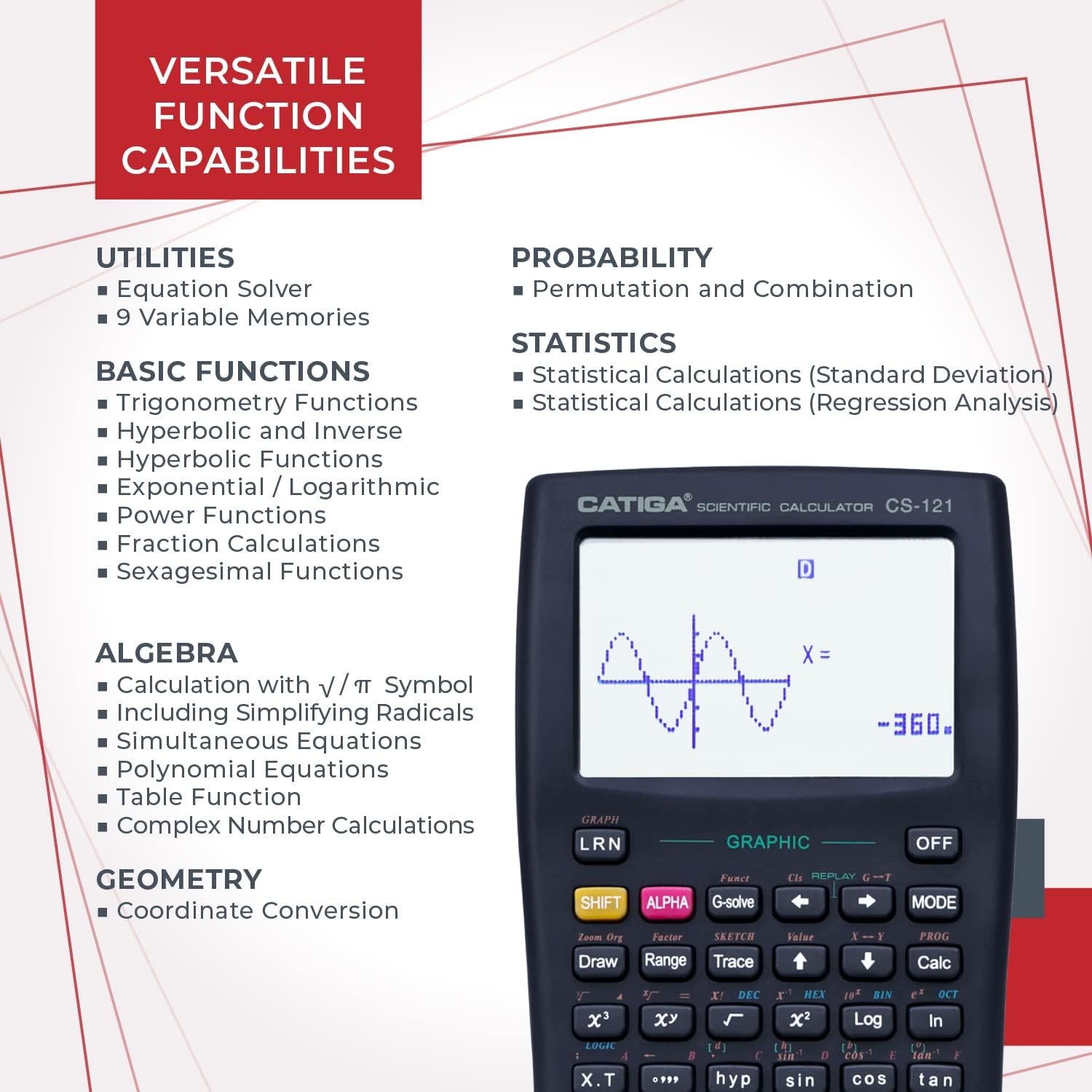 Diagram illustrating versatile function capabilities of the CATIGA CS-121, categorized into Utilities, Basic Functions, Algebra, Geometry, Probability, and Statistics.