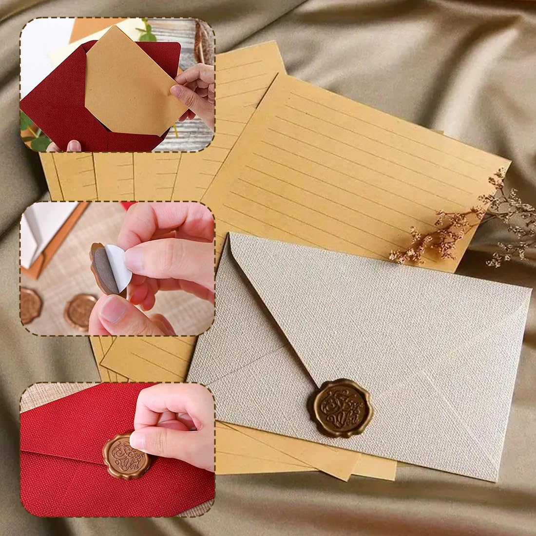 Ensemble de Papeterie Vintage 38 Pièces avec Enveloppes Papier Lettre Kraft et Autocollants Sceau en Cire