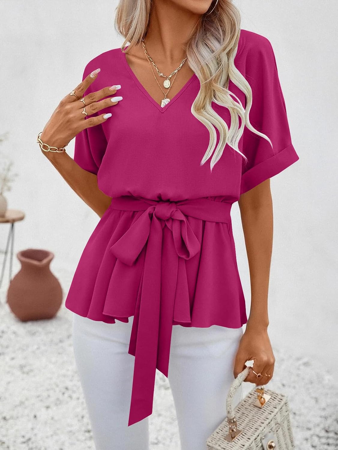 FSHAOES Womens V Neck Blouse Short Sleeve Belted Casual T-Shirts Basic Tee Tops - Image 3