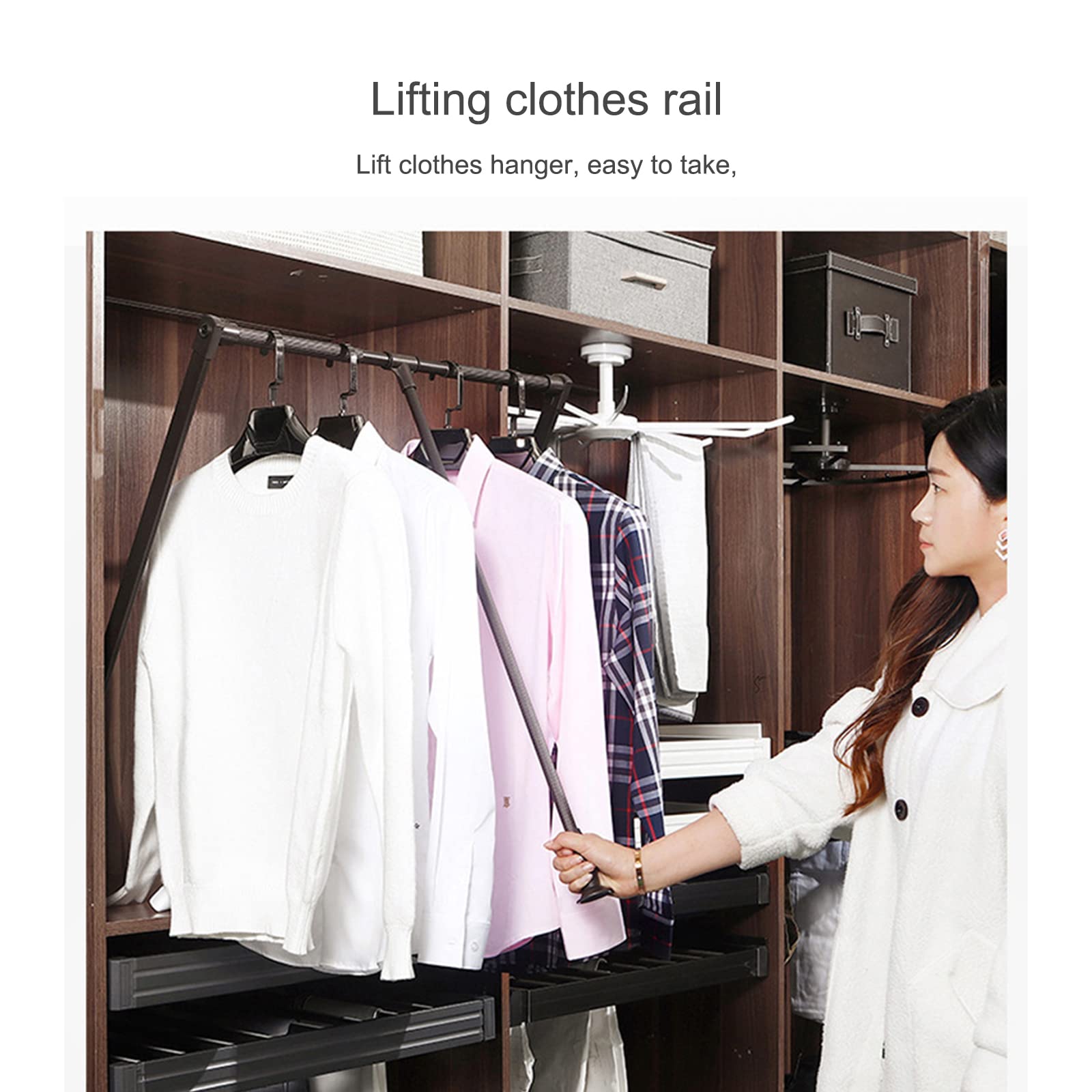 Barre De Penderie Escamotable, 890-1200 mm Aluminium Réglable Penderie, 30 Kg, Système Rangement Organisateur Rail Levage Garde-Robe Robuste Pour Vestiaire Chambre Coucher,Argent,890_1200cm