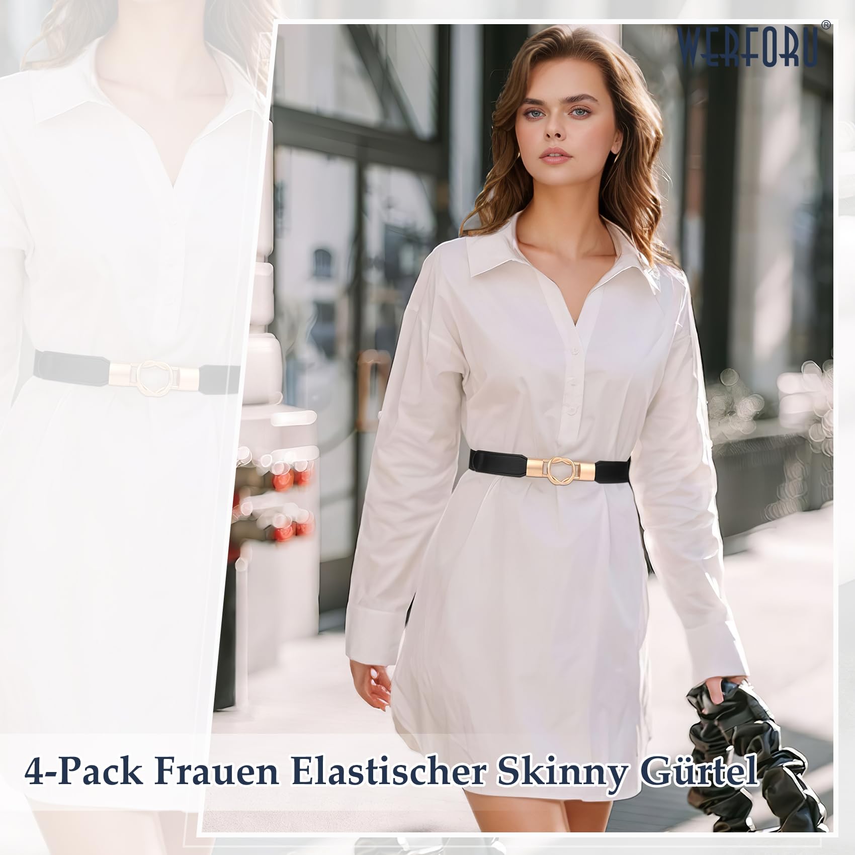 WERFORU 4 Stücke Dünne Gürtel Damen Elastische Taillengürtel Dehnbarer Kleid Gürtel mit Goldene Schnalle