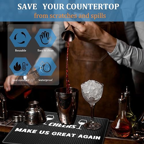 Miniatura 4 de WANGCHAO Alfombrillas de bar 2 piezas de 18 x 12 x 0.4 pulgadas, tapete de goma negra para derrames con logotipo Cheers, Make US Great Again