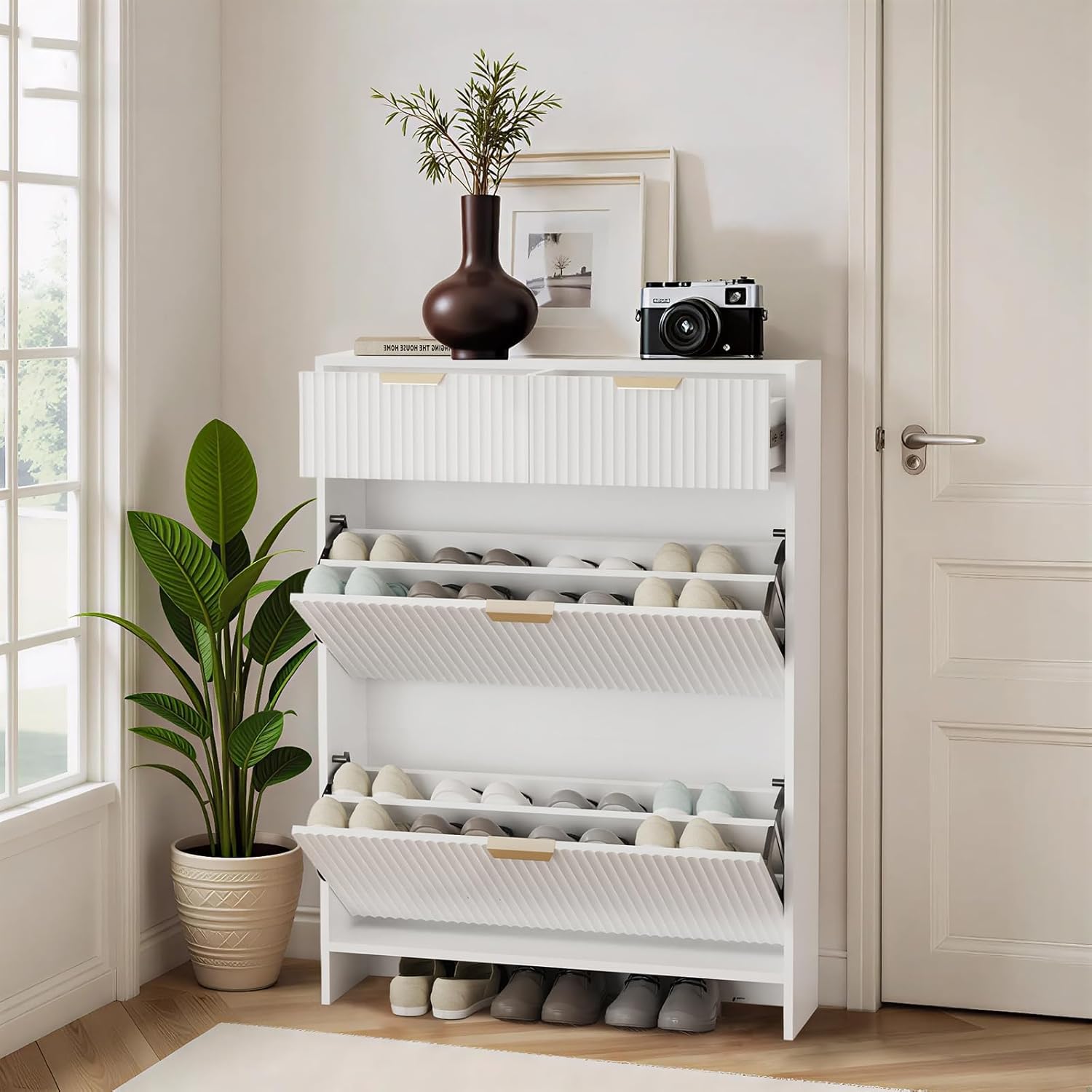 Shoe Cabinet Storage with 2 Drawers & 2 Flip Drawers, Fluted Slim Shoe Cabinet with Adjustable Shelves, Narrow Shoe Rack Cabinet for Entryway (White)