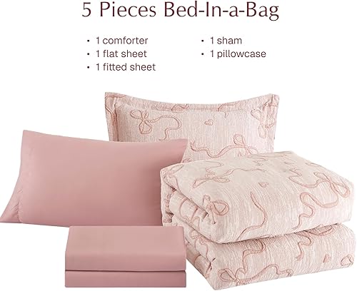 Miniatura 61 de Geniospin Juego de edredón rosa Queen para niñas, 7 piezas con pompones en una bolsa, juegos de ropa de cama individual con sábanas, fundas