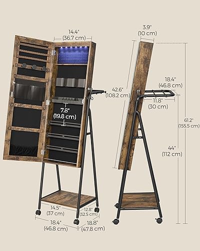Miniatura 7 de SONGMICS Armario de joyería con 6 LED con bloqueo organizador de joyas armario de joyería de pie con 4 ruedas espejo con almacenamiento de joyas