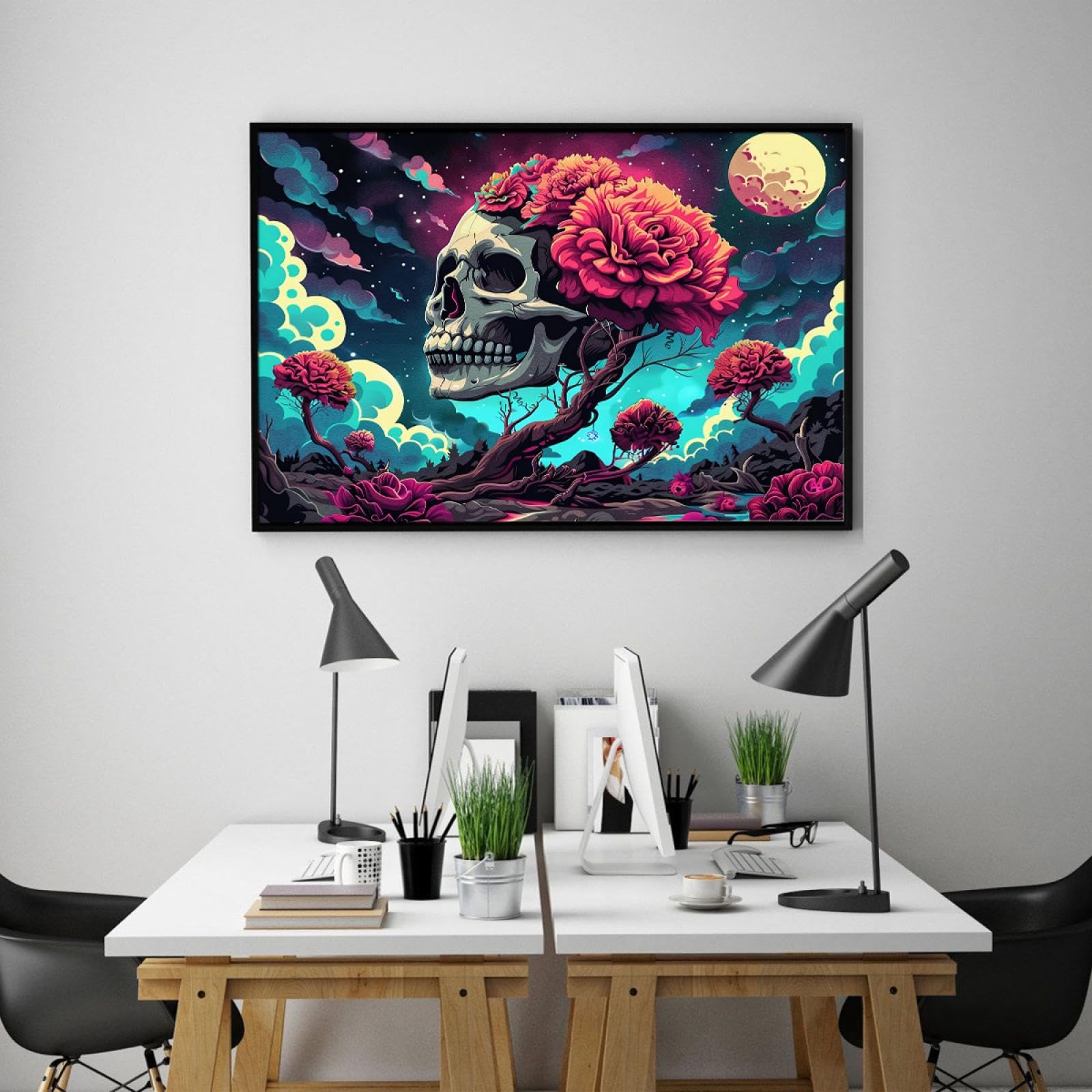 Via Vela dessin animé style anime impression sur toile art mural sauvage fantaisie ciel étoilé abstrait fleurs rouges crâne affiche image peinture oeuvre pour crèche décor 40x60cm avec-cadre-noir