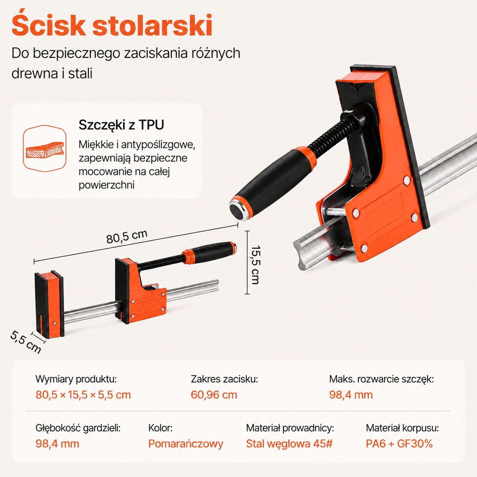 Zestaw 2 równoległych zacisków stolarskich typu F ze stali węglowej i tworzywa sztucznego, pomarańczowe, do stołu warsztatowego i obróbki metali
