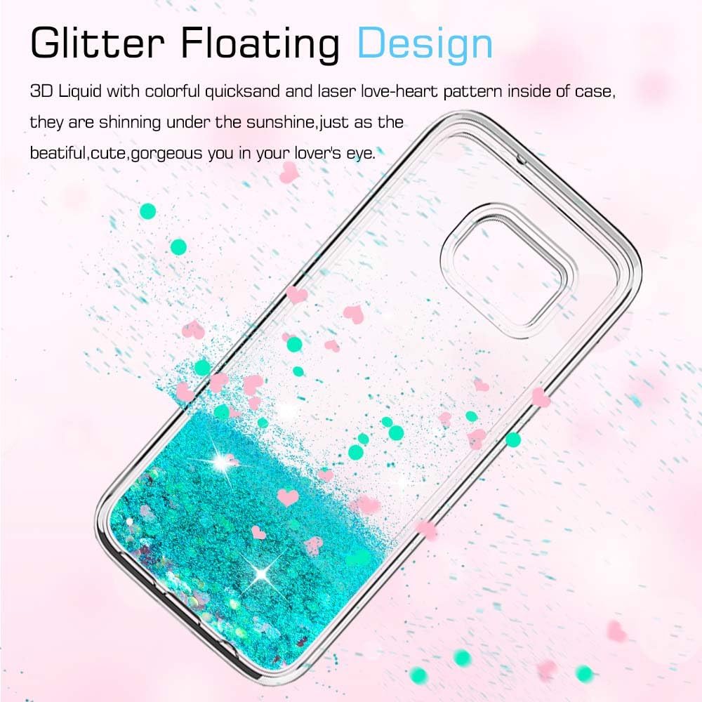 LeYi Samsung Galaxy S7 Case with Tempered Glass Screen Protector [2 Pack] for Girls Women, Cute Glitter Shiny Quicksand Clear Phone Case with Car Holder Kickstand for Samsung S7 ZX Turquoise