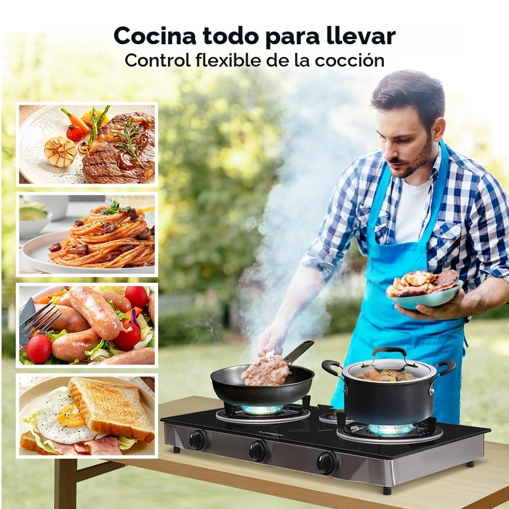 CAMPLUX Explorer Cocina de Gas de 3 Fuegos, 6,25 kW, Butano (28-30mbar) / Propano (37mbar), para Camping, Vanlife y Jardín, TC03GBEU