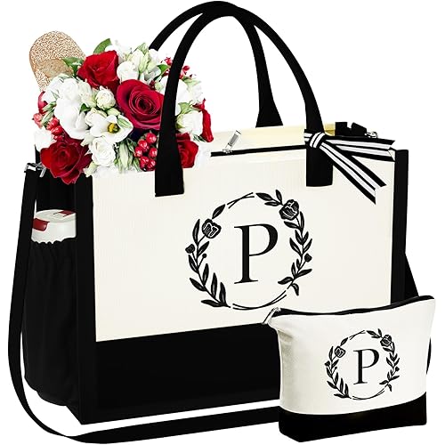 Gifts for Women - Initial Canvas Beach Tote Bag & Makeup Bag 2024 Graduation Gifts Best Friend Birthday Gifts for Her
