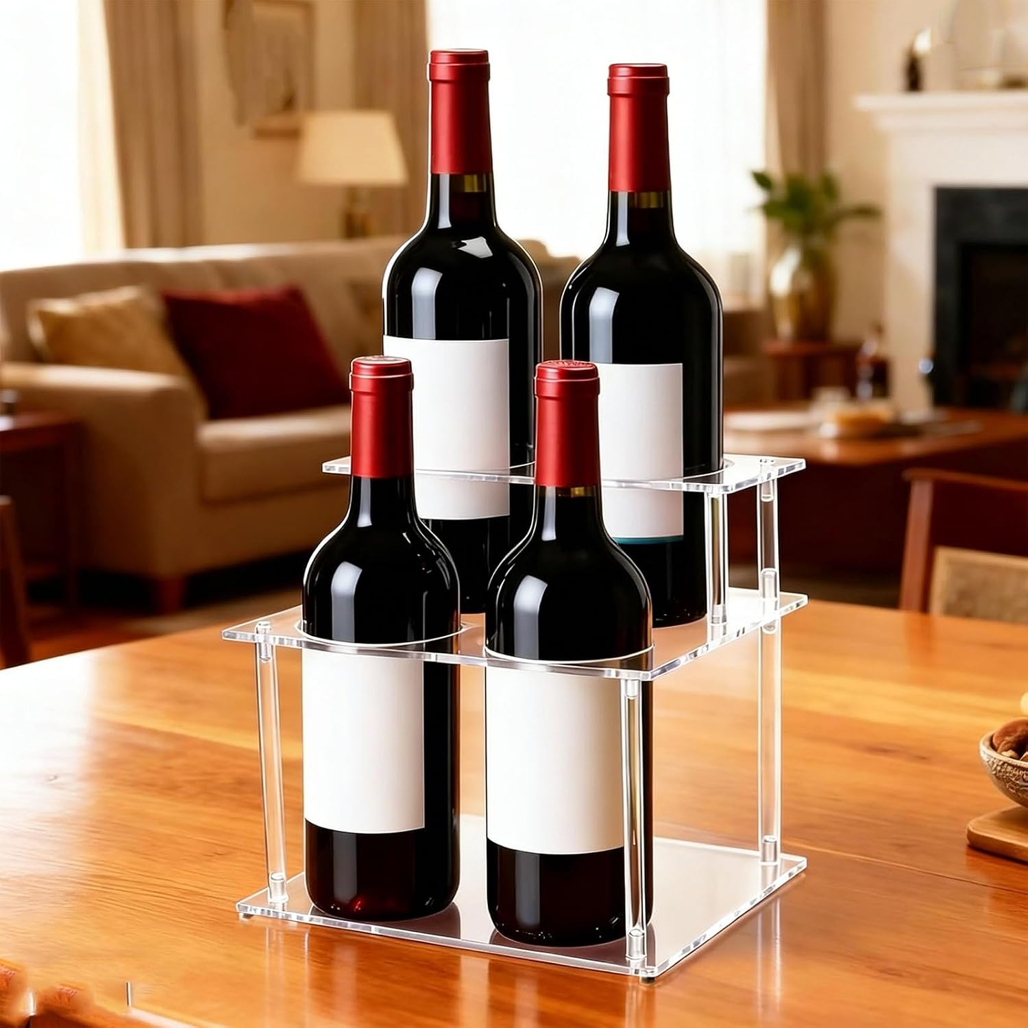 Coffee Syrup Organizer, 2 Tier Acrylic Bar Shelves Stand Holder 4 Bottle Capacity Storage Display Fridge Storage Organizer for Syrups, Wine, Soda, Beer