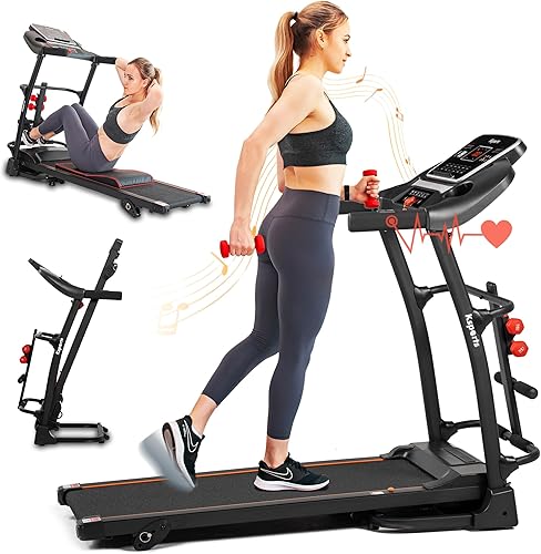 Ksports - Máquina para correr plegable eléctrica con función de inclinación automática o manual y con barras y tapete para abdominales y mancuernas