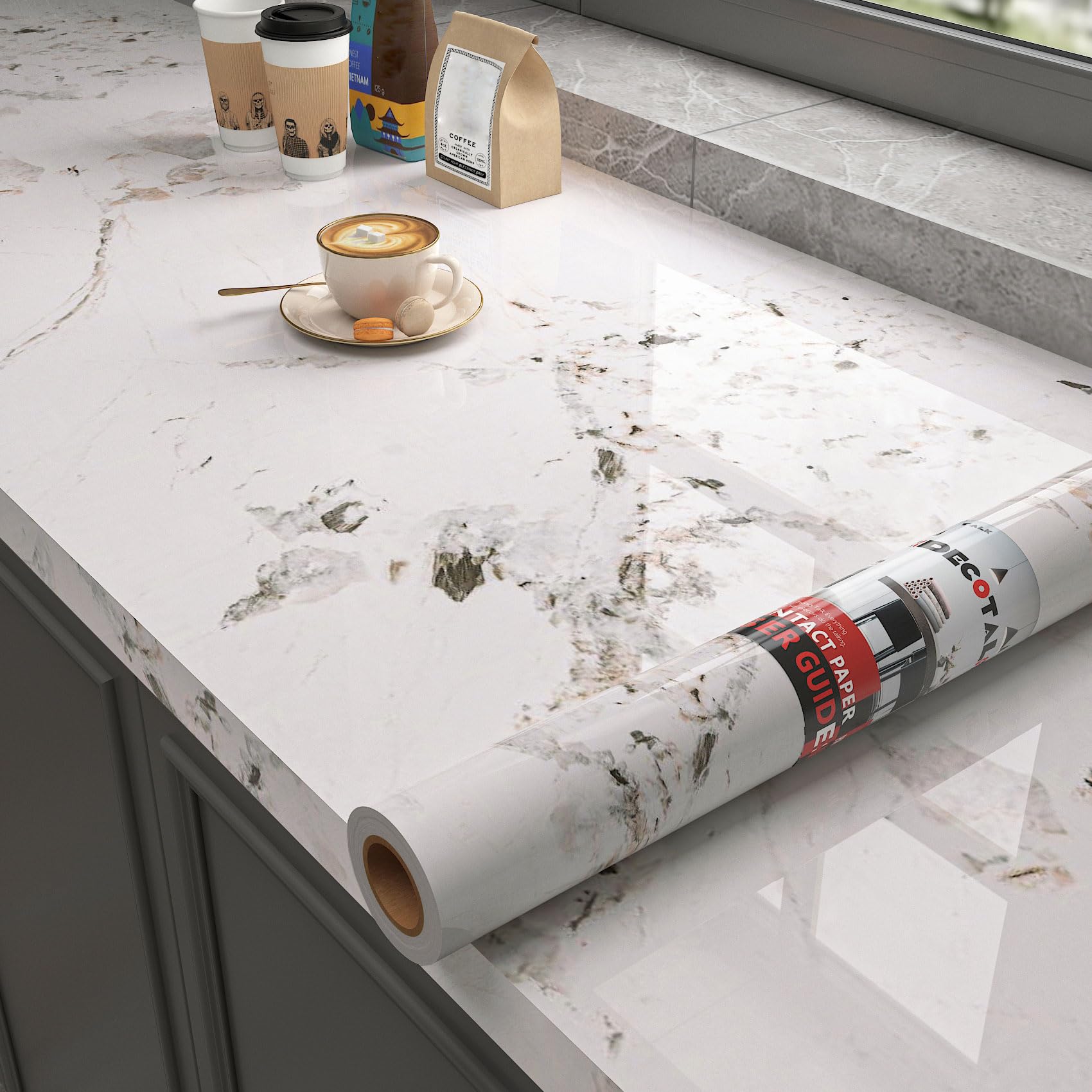 Papier peint auto-adhésif marbre blanc cuisine 74x300cm Decotalk