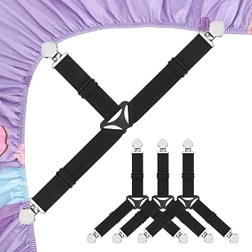 Bed Sheet Fasteners, Triangle Sheet Straps Mattress Clips, 3 Way Fitted Bed Corner Holder Sheet Suspenders Grippers for Bedding Sheets, Mattress Covers, Sofa Cushion 4PCS