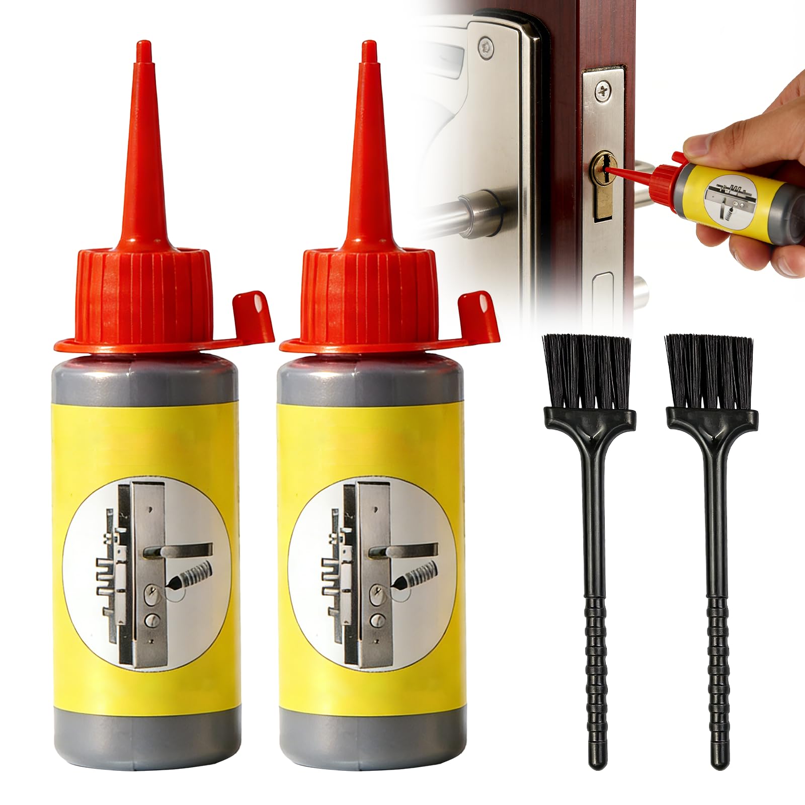 FunnAura 2Pcs Graphite Lock Lubricant, Multifunctional Door Window Lock Lube with 2 Brush for Car Keys Door Locks (60ML)