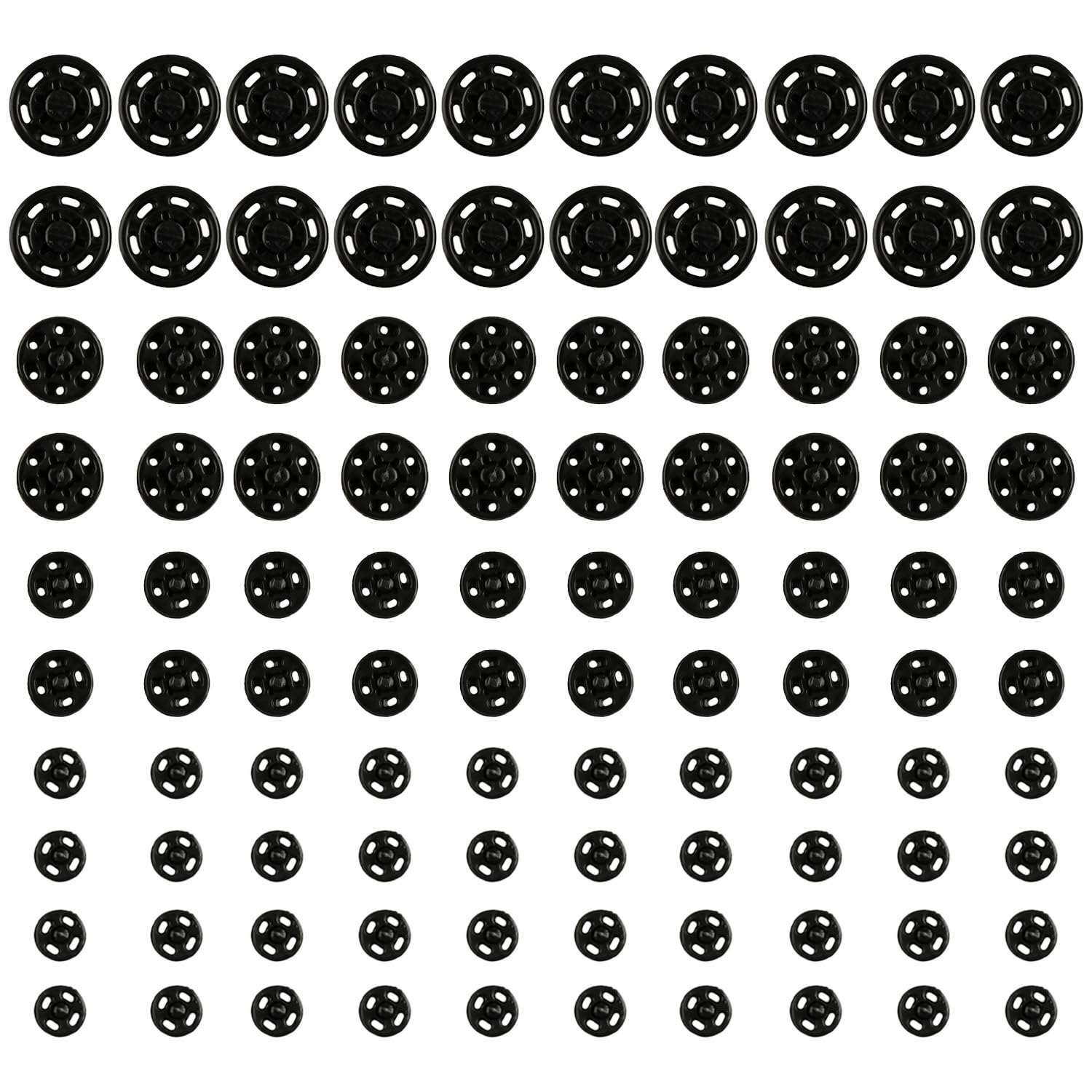 Wellrun 100pcs Black Plastic Snap Fastener,Sew-on Press Studs,Round Button for Sewing Clothes,Bags,Pants,DIY Craft Projects(7/12/15/21 mm)
