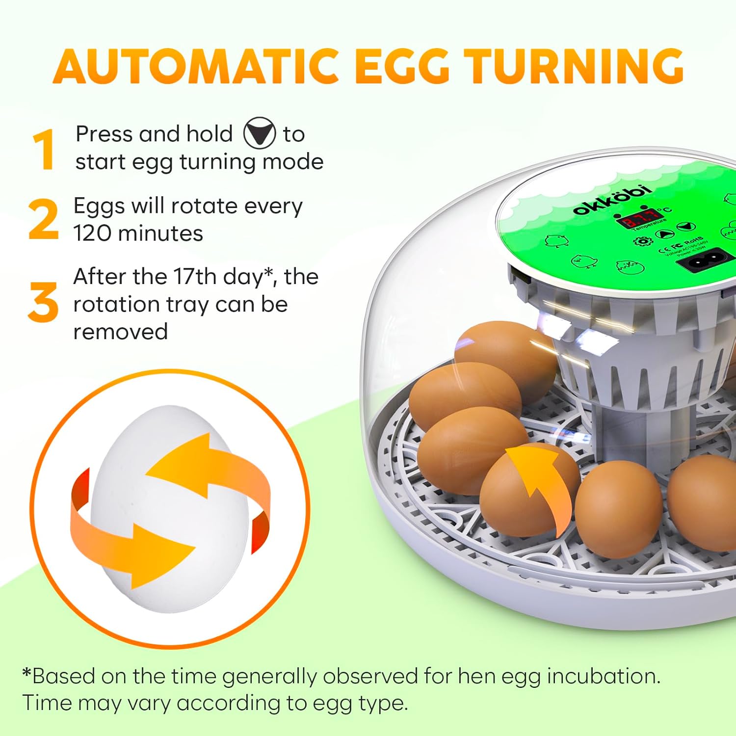 Okkobi M12 Egg Incubator with Automatic Turner and Humidity Control - 12/24 Eggs, 360° View, Easy to Use and Clean - Incubadora de Huevos de Gallina - Made for US - White & Green