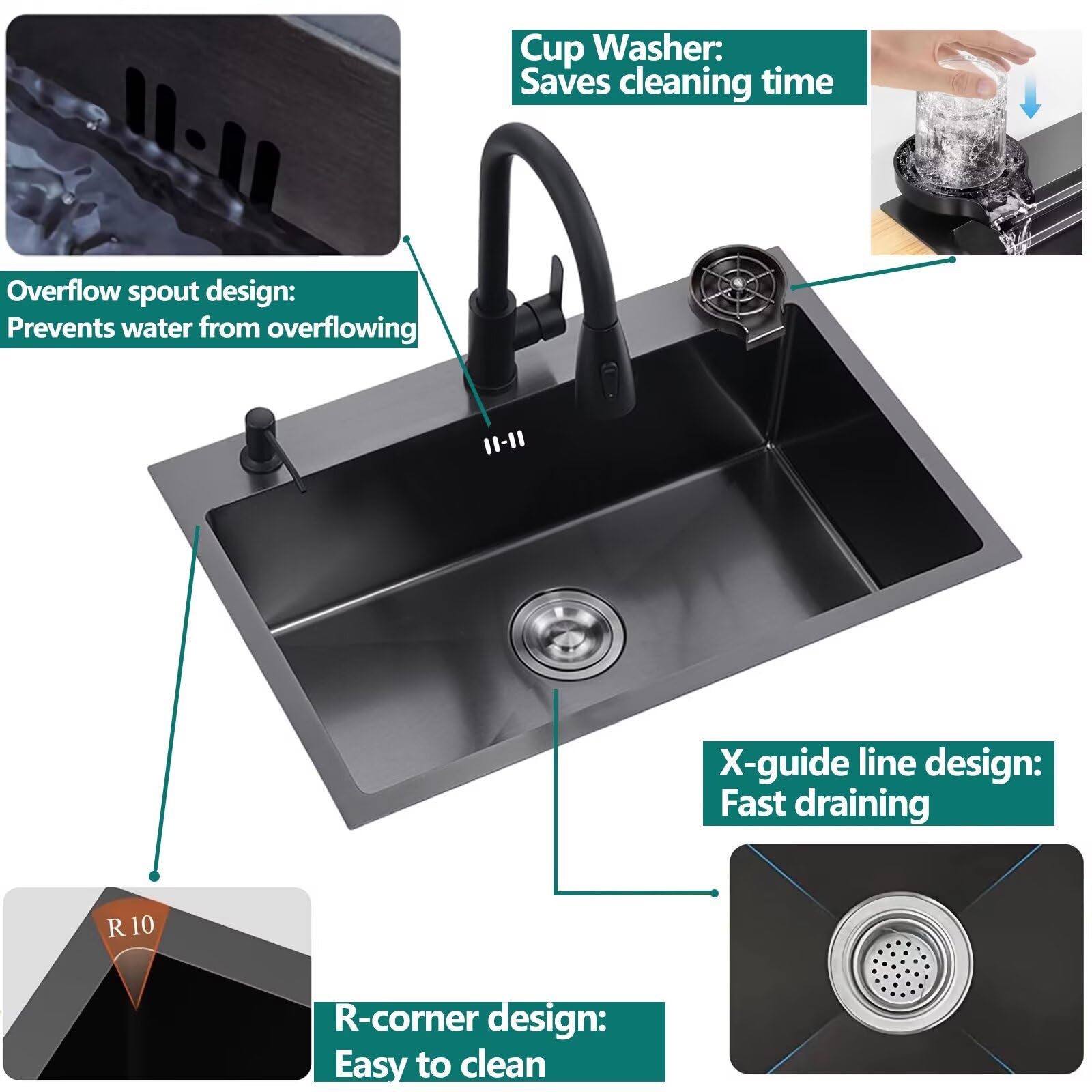 Spülbecken Schwarz mit Armatur – Spüle Edelstahl Set | Nano Küchenspüle 1 Becken mit Tassenwascher, Seifenspender, Abtropfkorb & Ablaufgarnitur für Küche, Bar oder Wohnmobil