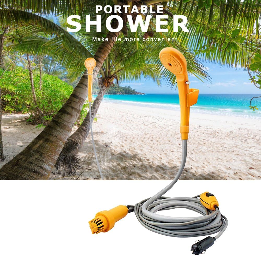 Portable Camping Shower Gear, Gledto Outdoor Handheld Adjustable Showerhead with 12v Cigarette Adapter Car Charger, Pump Water from Bucket into Steady for Camp Trips- Yellow