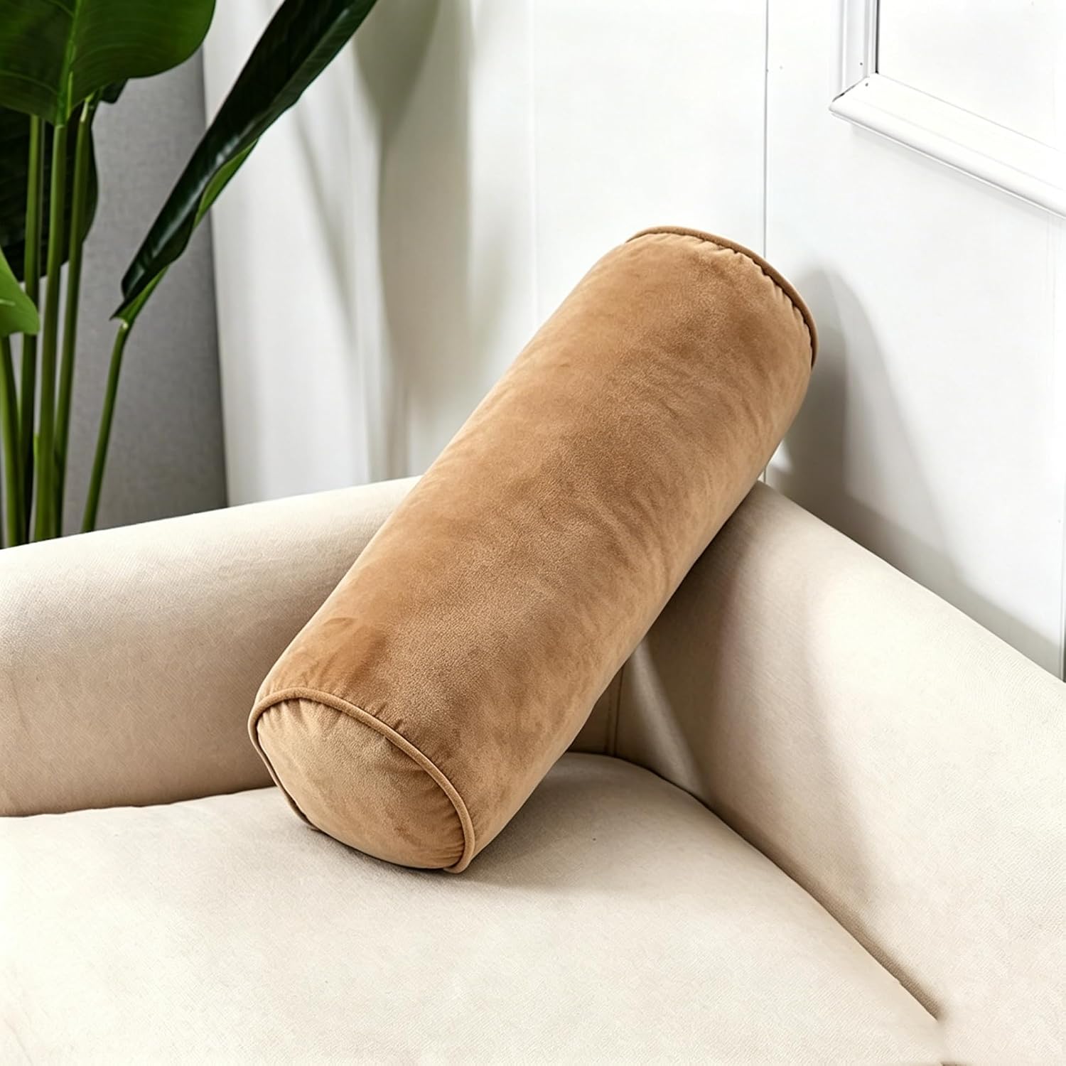 Cylinder Bolster Pillow Decorative Bolster Pillows with Removable Velvet Cover 20 * 7in Brown Cylindrical Neck Roll Support Pillow for Head Back Legs Sleeping & Relaxing Couch Bed Sofa Living Room