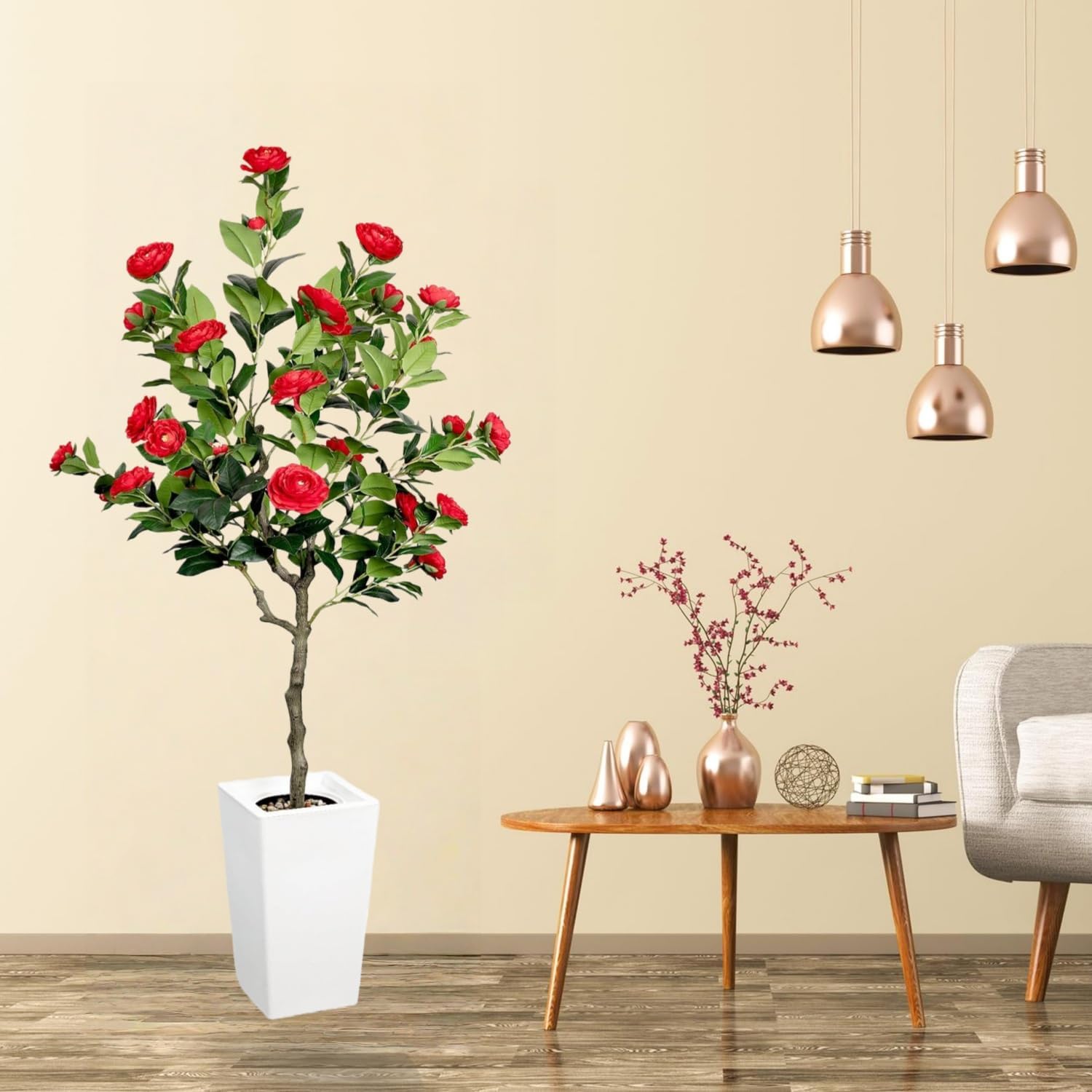 61inch Artificial Camellia Tree in Pot, Faux Camellia Plant for Home Office Living Room Decor